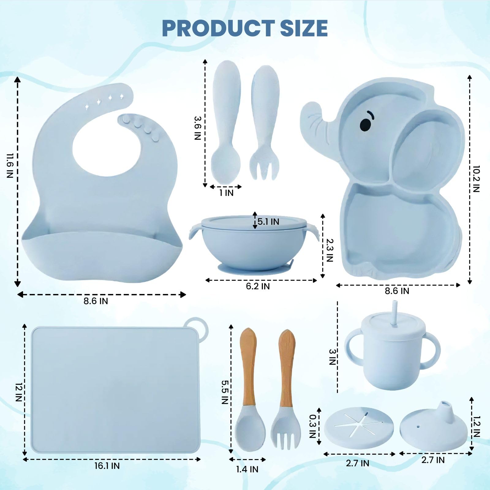 Silicone Baby Feeding Set 15-Piece BPA-Free Baby Led Weaning Kit for 6+ Months - Elephant Suction Plate, Bowl, Forks, Spoons, Bi