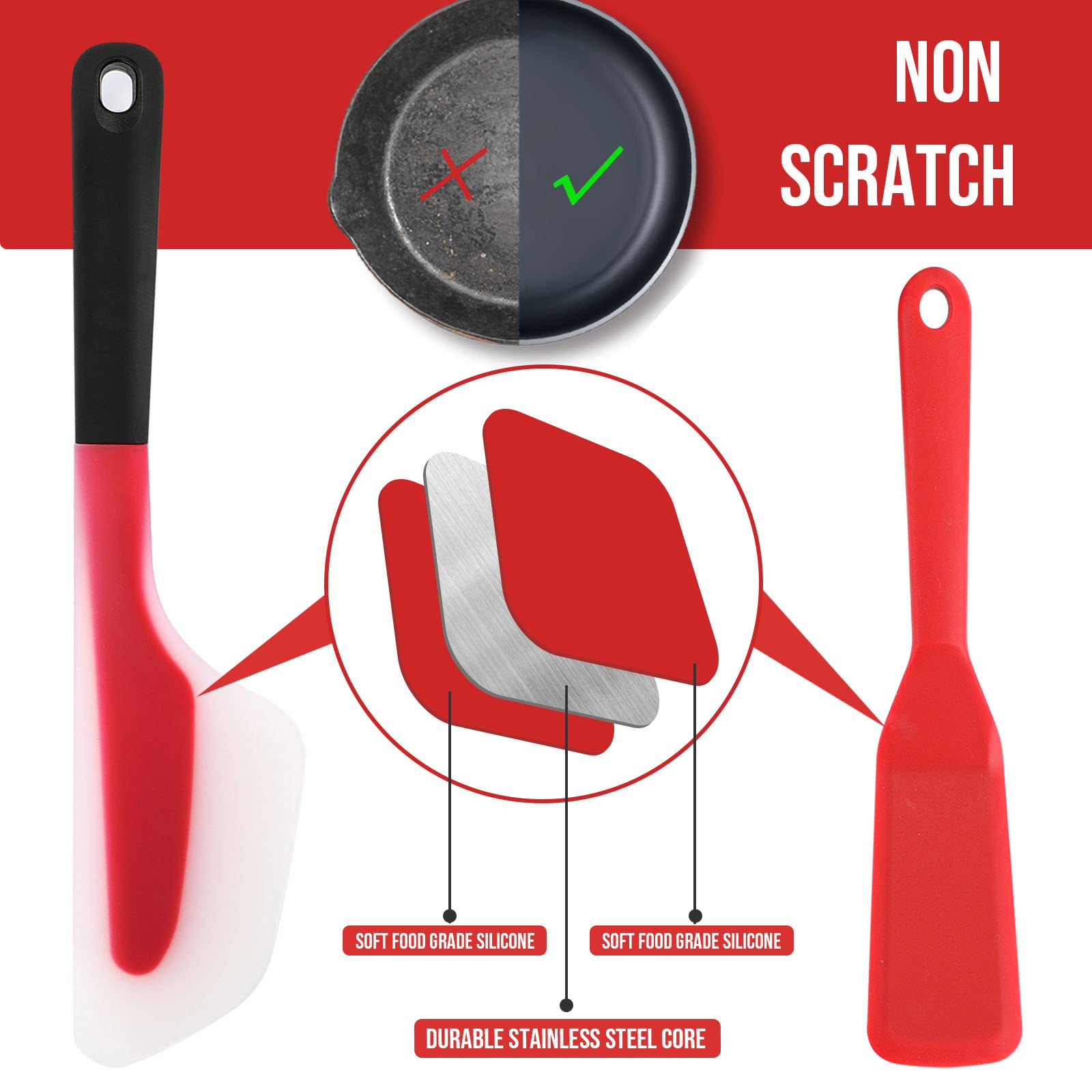 Webake Omelette Spatula Silicone Egg Spatula Turner Set Of 2, Long Crepe Spatula Heat Resistant Cooking Spatula Non Stick Pancak