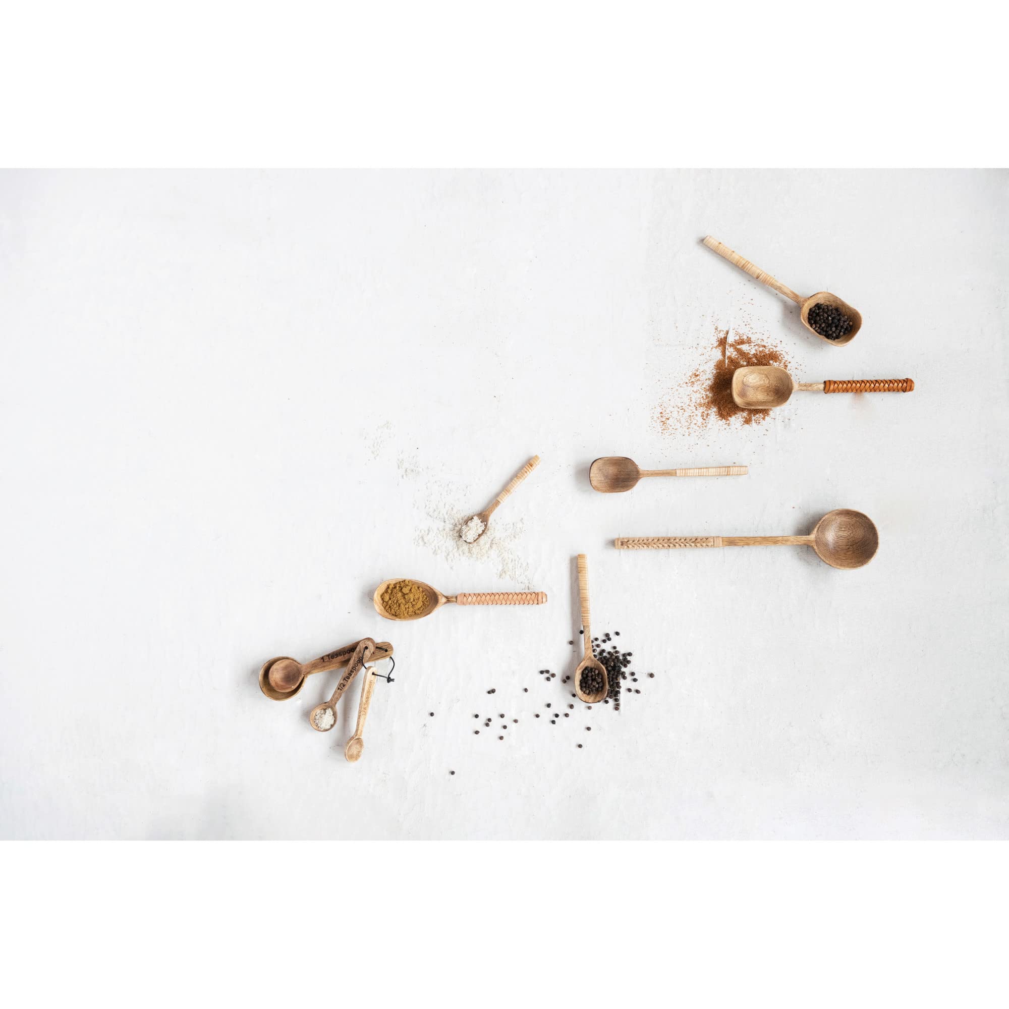 Creative Co-Op Mango Wood Spoons With Bamboo Wrapped Handles, Set Of 3 In Printed Drawstring Bag