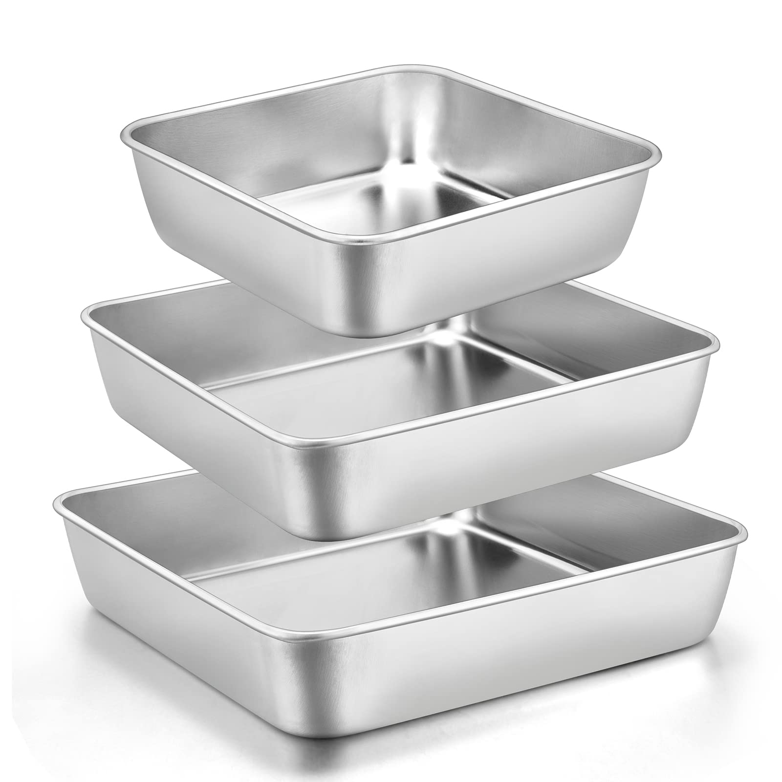 E-Far 6/8/9-Inch Square Cake Pan Set, Stainless Steel Square Baking Brownie Pans Metal Bakeware Set Of 3, Non-Toxic & Healthy, E