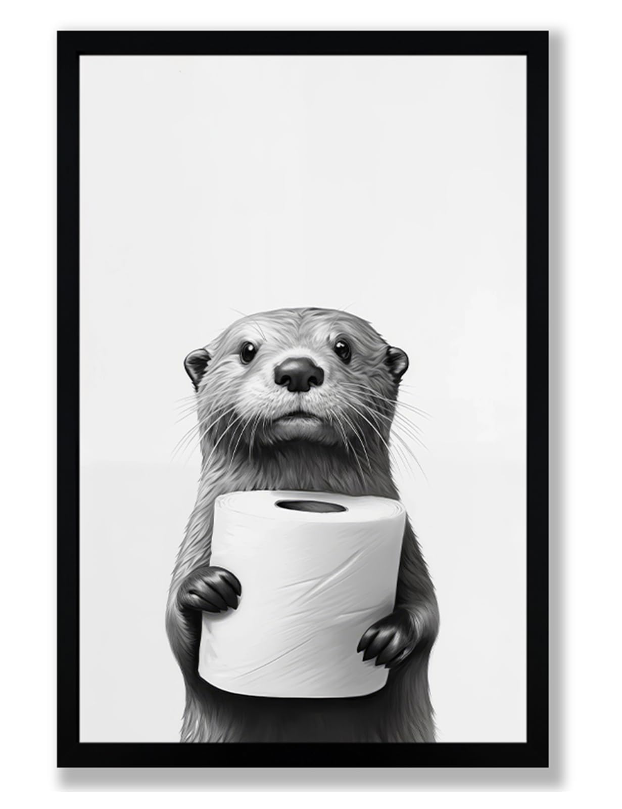Framed Black And White Bathroom Canvas Wall Art, Funny Animal Bathroom Decor Cute Otter Holding A Roll Of Toilet Paper Picture M