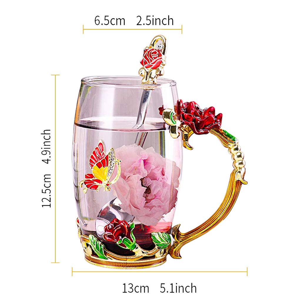 Dasyfly Birthday Gifts For Women,Enamel Butterfly Flower Glass Tea Cup Rose Red Coffee Mug,Cute Gifts For Mom Grandma Women Wife