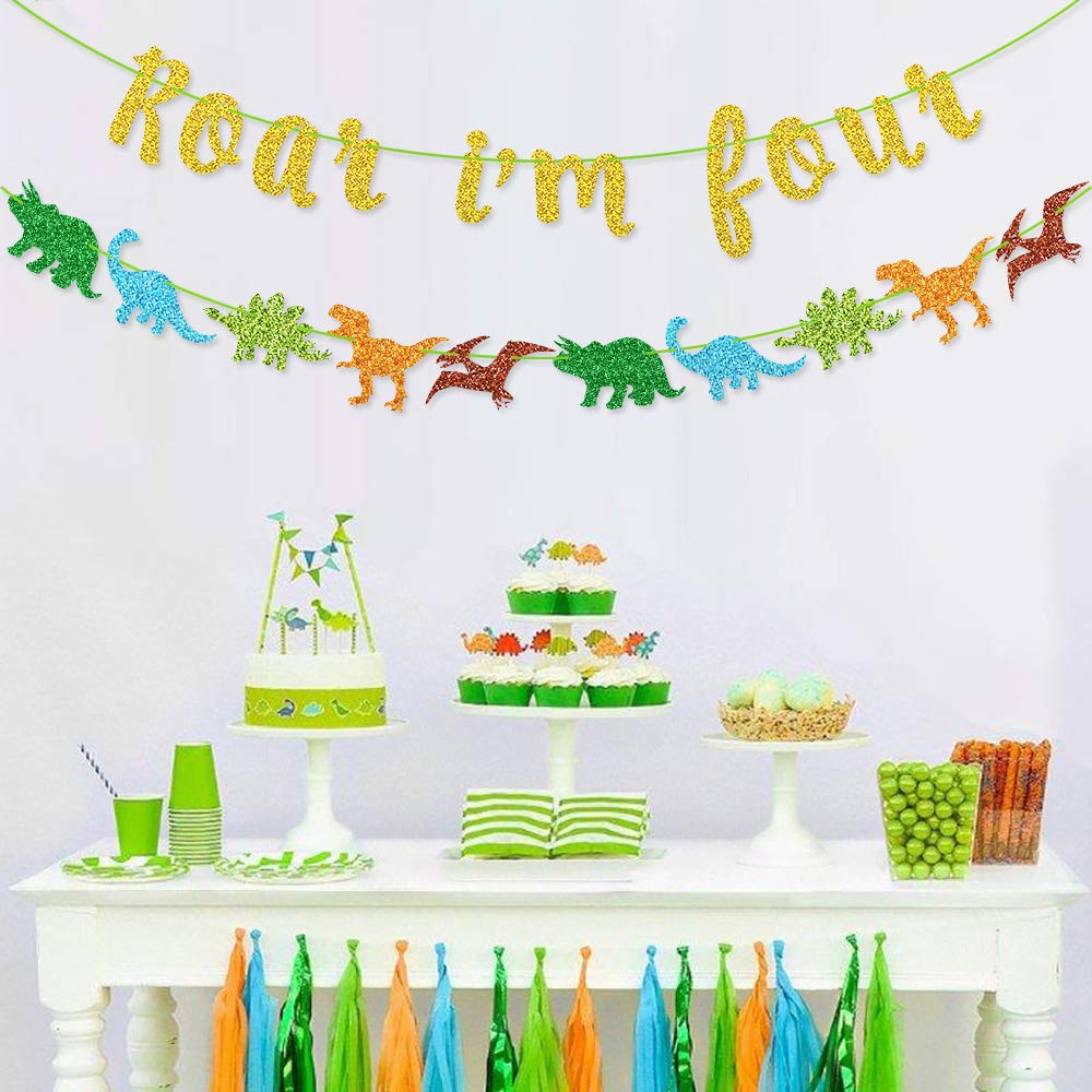 Roar I'm Four Banner Dinosaur Garland for Kids' 4th Dinosaur Birthday Party Decorations