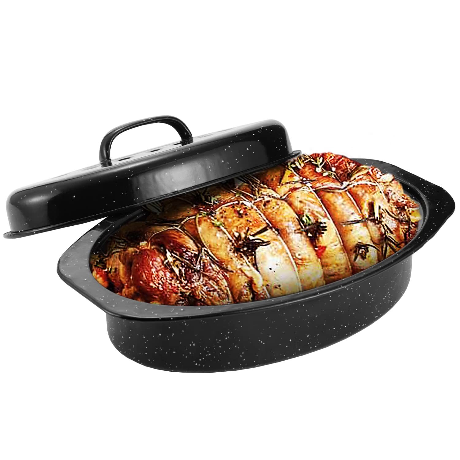 Jy Cookment Granite Roaster Pan, Small 13    Enameled Roasting Pan With Domed Lid. Oval Turkey Roaster Pot, Broiler Pan Great Fo