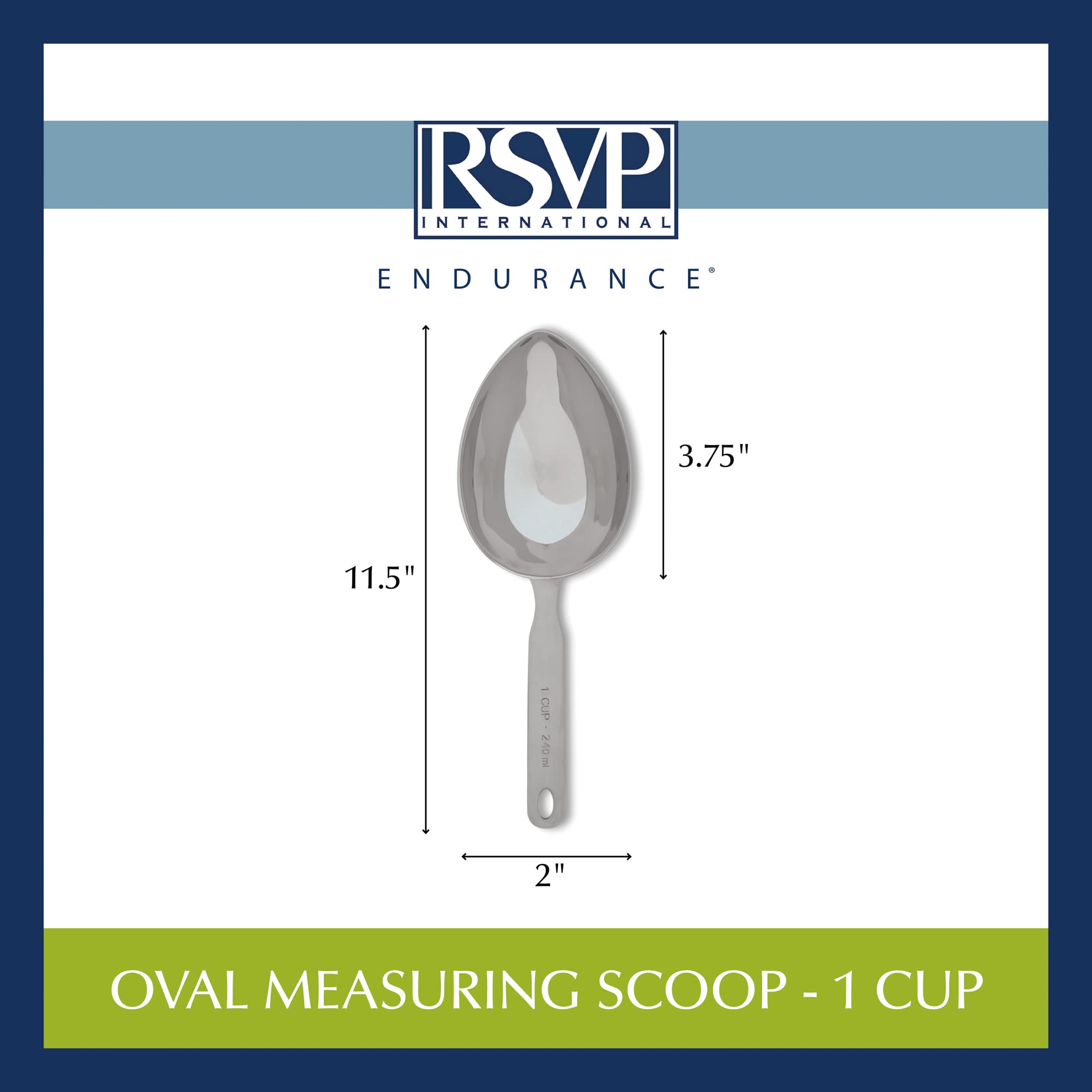 RSVP International Stainless Steel Measuring Scoop, Oval 1-Cup, Durable and Stylish Kitchen Tool, Model 8071