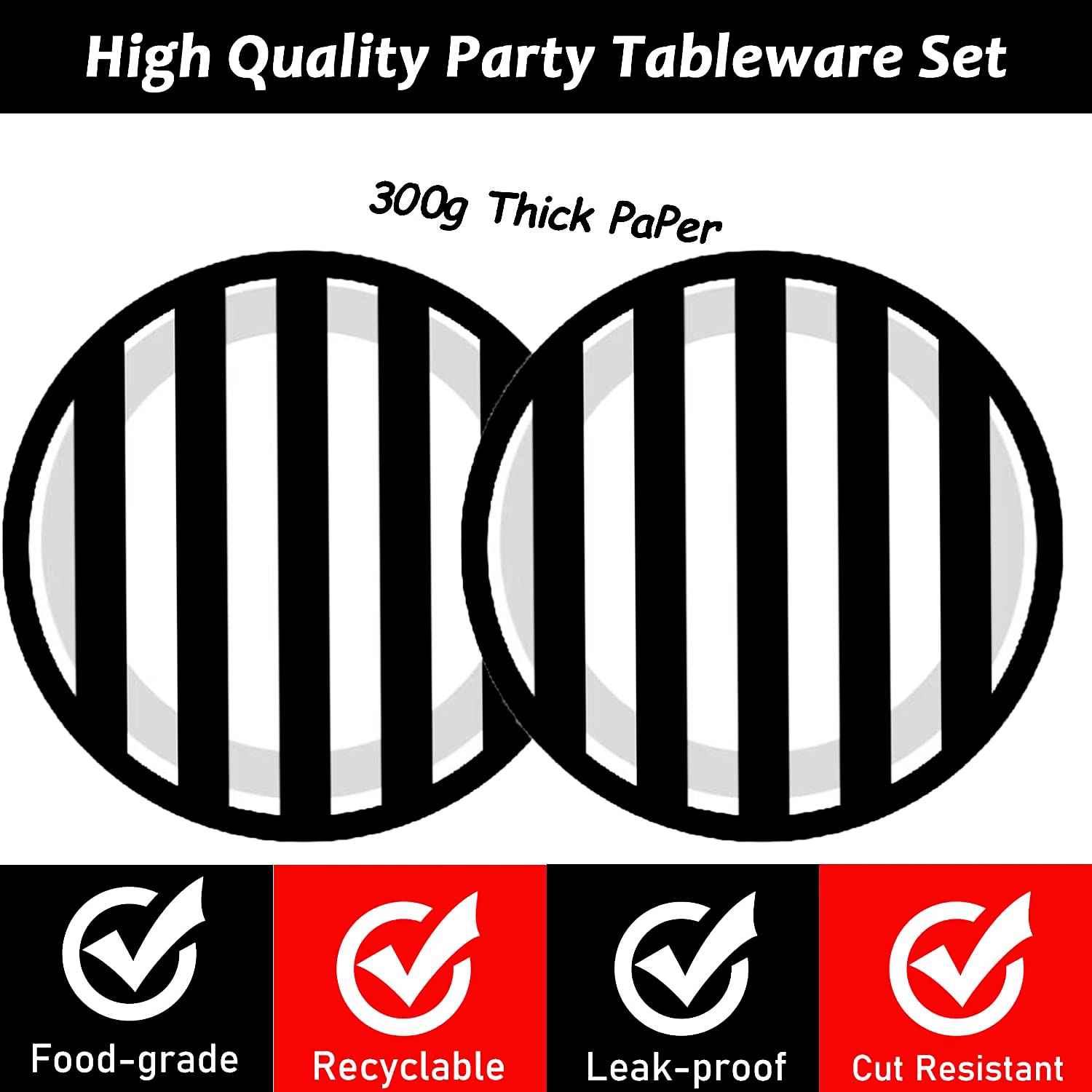 Hspaidyp 40 Pcs Black And White Party Supplies Black And White Striped Plates 7'' Black Striped Dessert Paper Plates Black And W