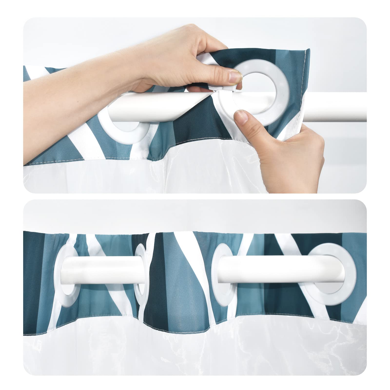 Yiatn No Hook Aegean Blue Shower Curtain With Snap In Fabric Liner Set - Hotel Style With See Through Mesh Top Window, Modern Ge