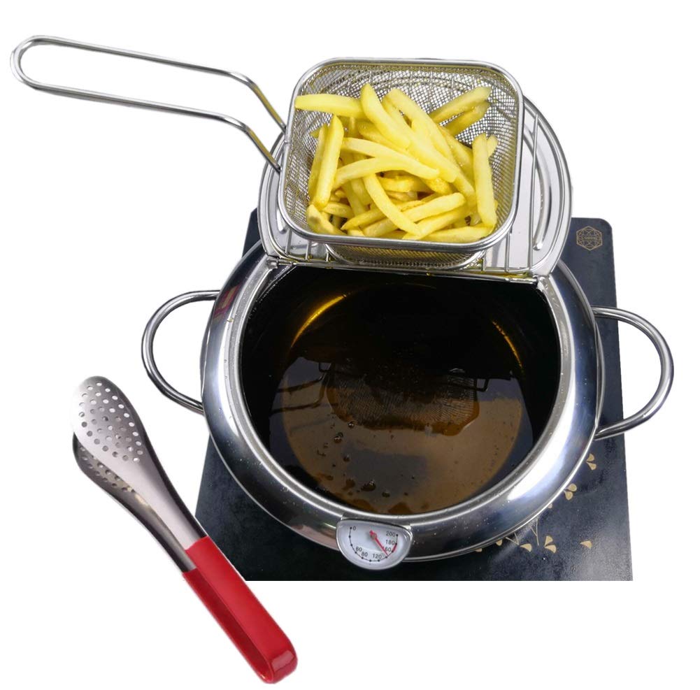 Deep Fryer Set,3.6Qt Mini Deep Fry Pot With French Fries Basket And Frying Tongs -Stainless Steel Deep Fry Pan With Thermometer