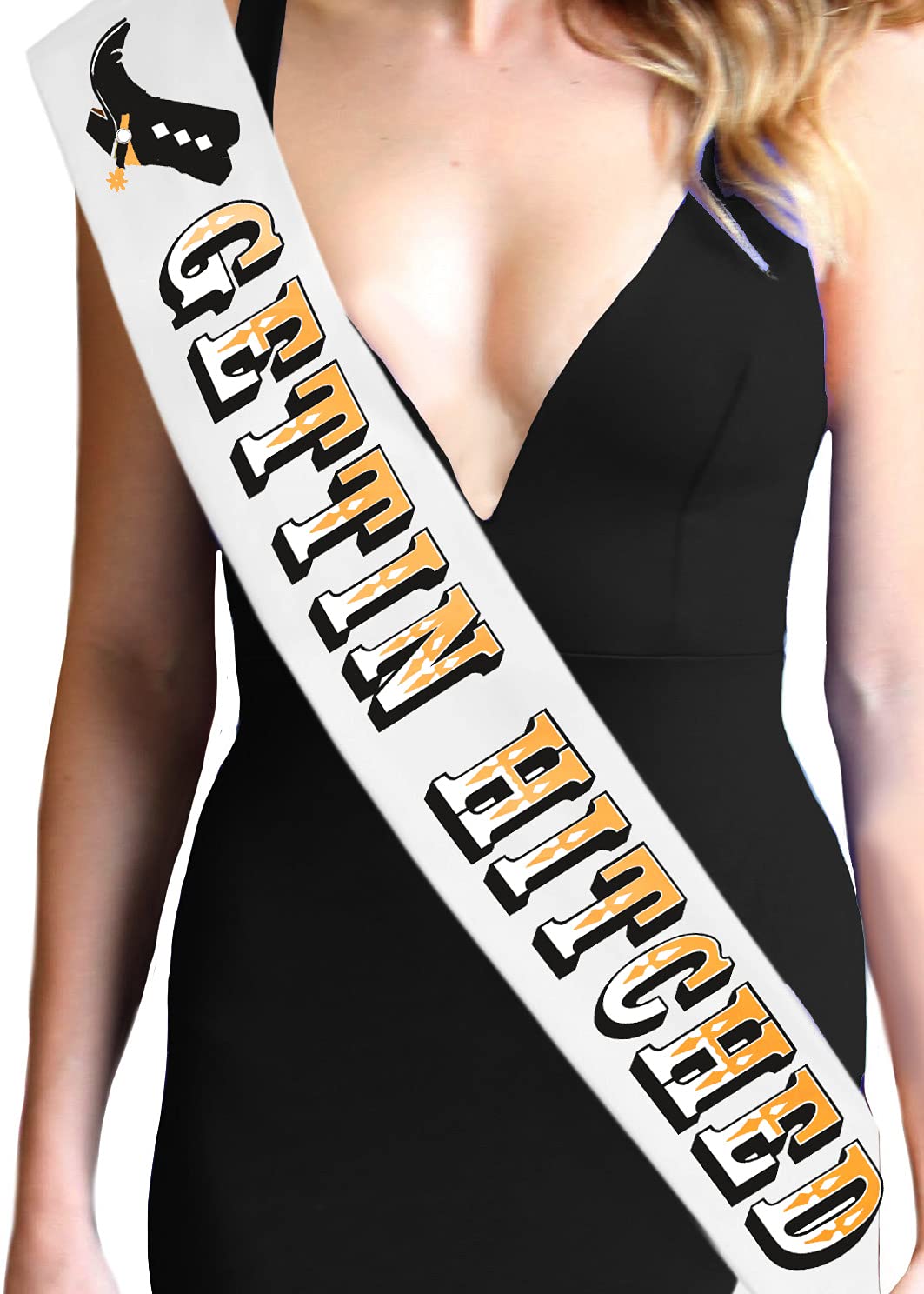 Western Wedding Sash For Bride - Bridal Grade Satin Bachelorette Party Cowgirl Sash - Gettin Hitched Shiny Gold Sash For Bride -