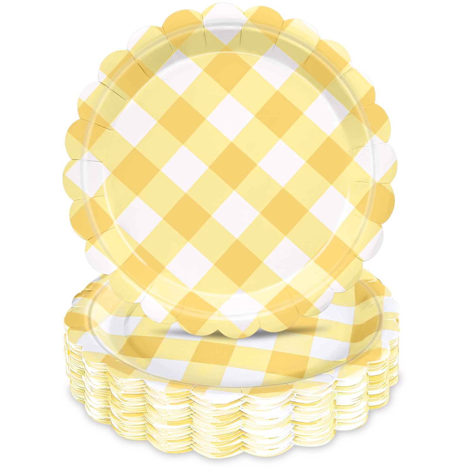48 Pcs 7 Yellow Gingham Paper Plates Light Yellow & White Scalloped Checkered Party Plates, Pastel Plaid Dessert Table Supplies 