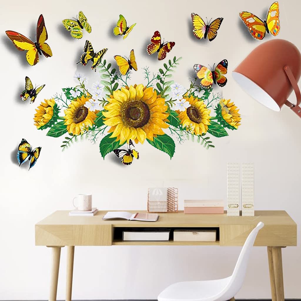 Sunflower Wall Stickers With 3D Butterfly Wall Sticker, Yellow Flowers Wall Decal,Sprt Waterproof And Removable, Sunflower Wall