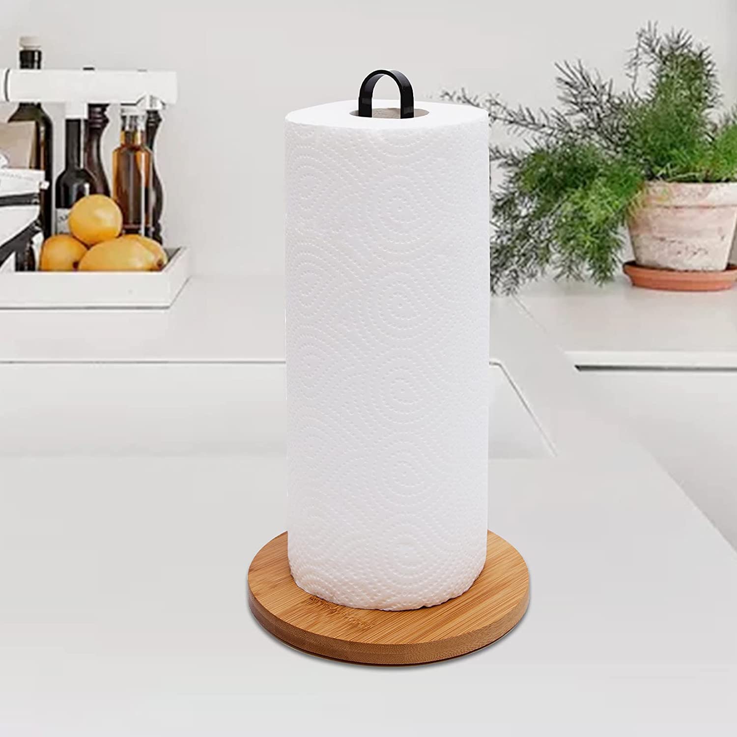 Tonlea Wood Paper Towel Holder, Black Paper Towel Holder Countertop, Kitchen Towel Holder Free-Standing With Non-Slip Wooden Bas