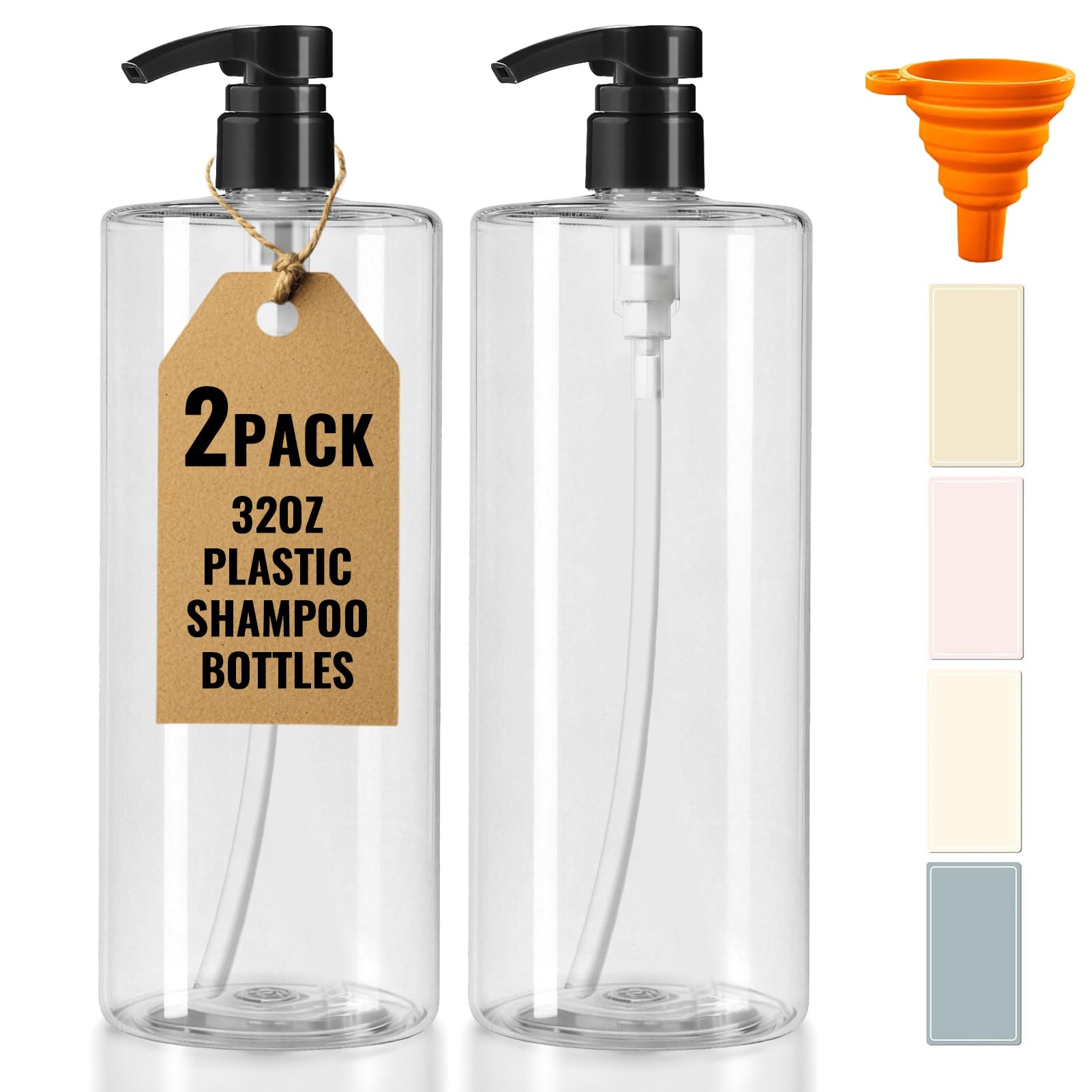 DPLASKA 2 Packs 32Ounce Clear Pump Bottle with Black Pump for Body Wash