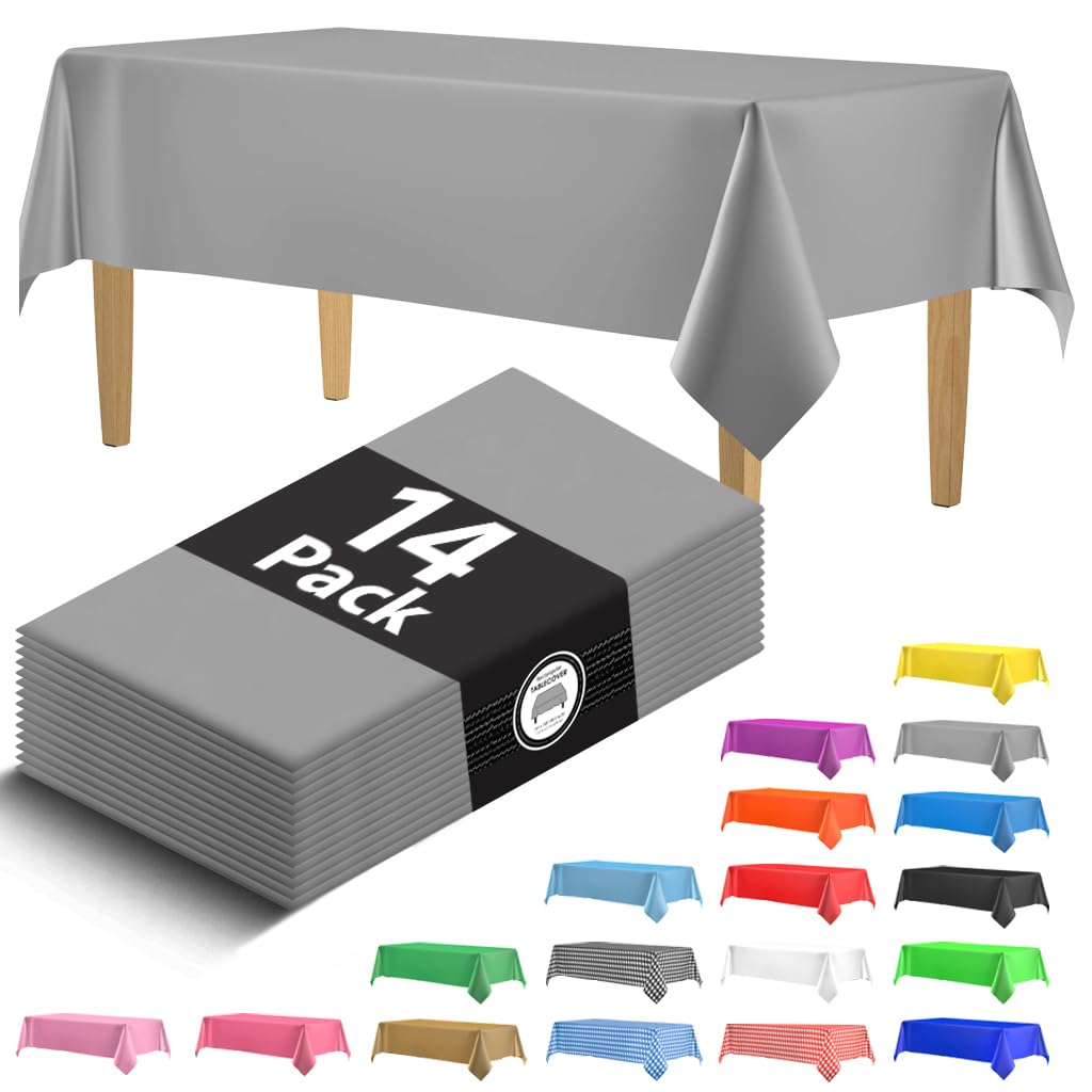 14 Pack Premium Silver Plastic Tablecloth - 54 X 108 In. Disposable Rectangle Plastic Table Cloth - Decorative Rectangle Table C