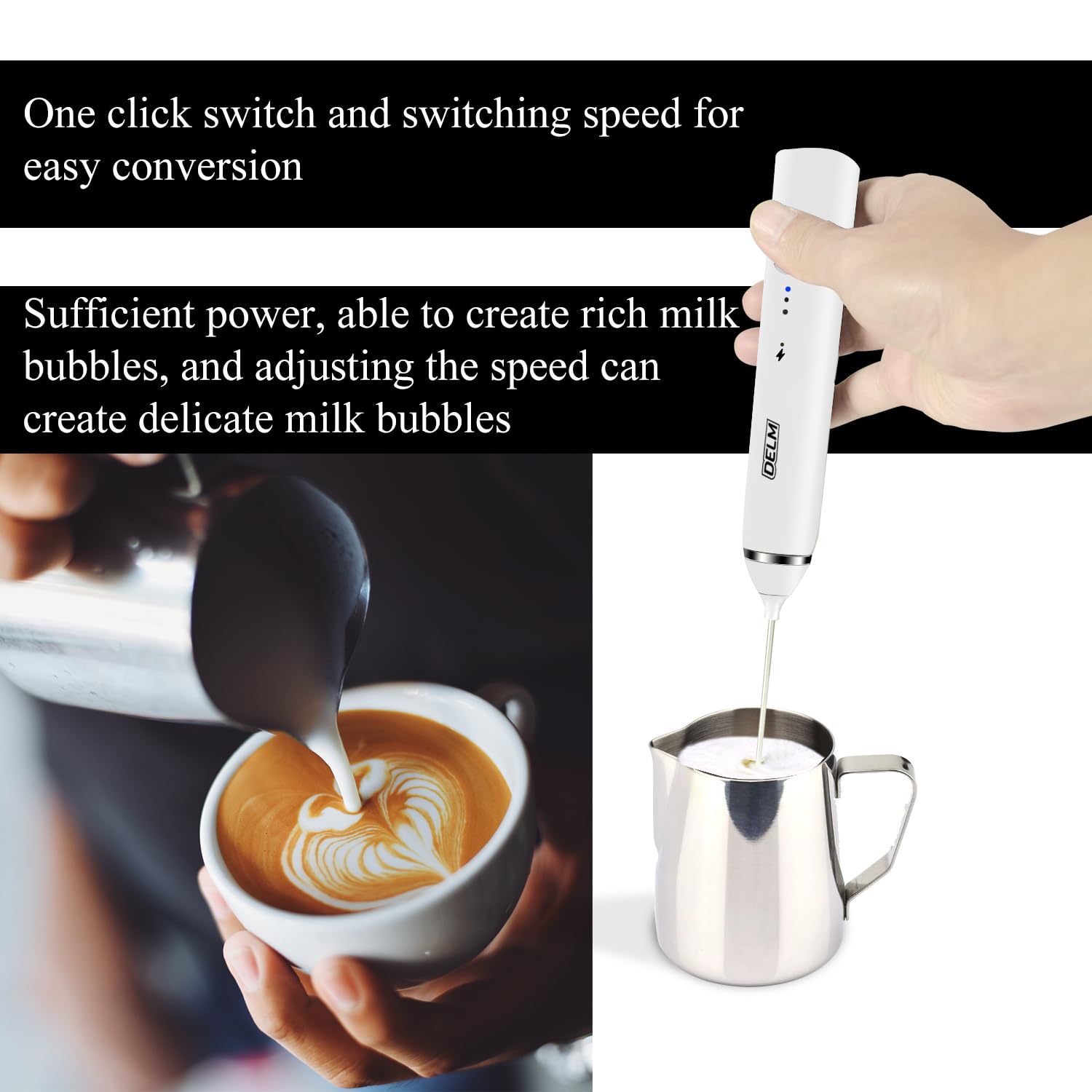 Delm Milk Frother Electric Usb Stainless Steel Accessory - Frother Wand Foam Maker For Lattes - Milk Frother Handheld For Cappuc