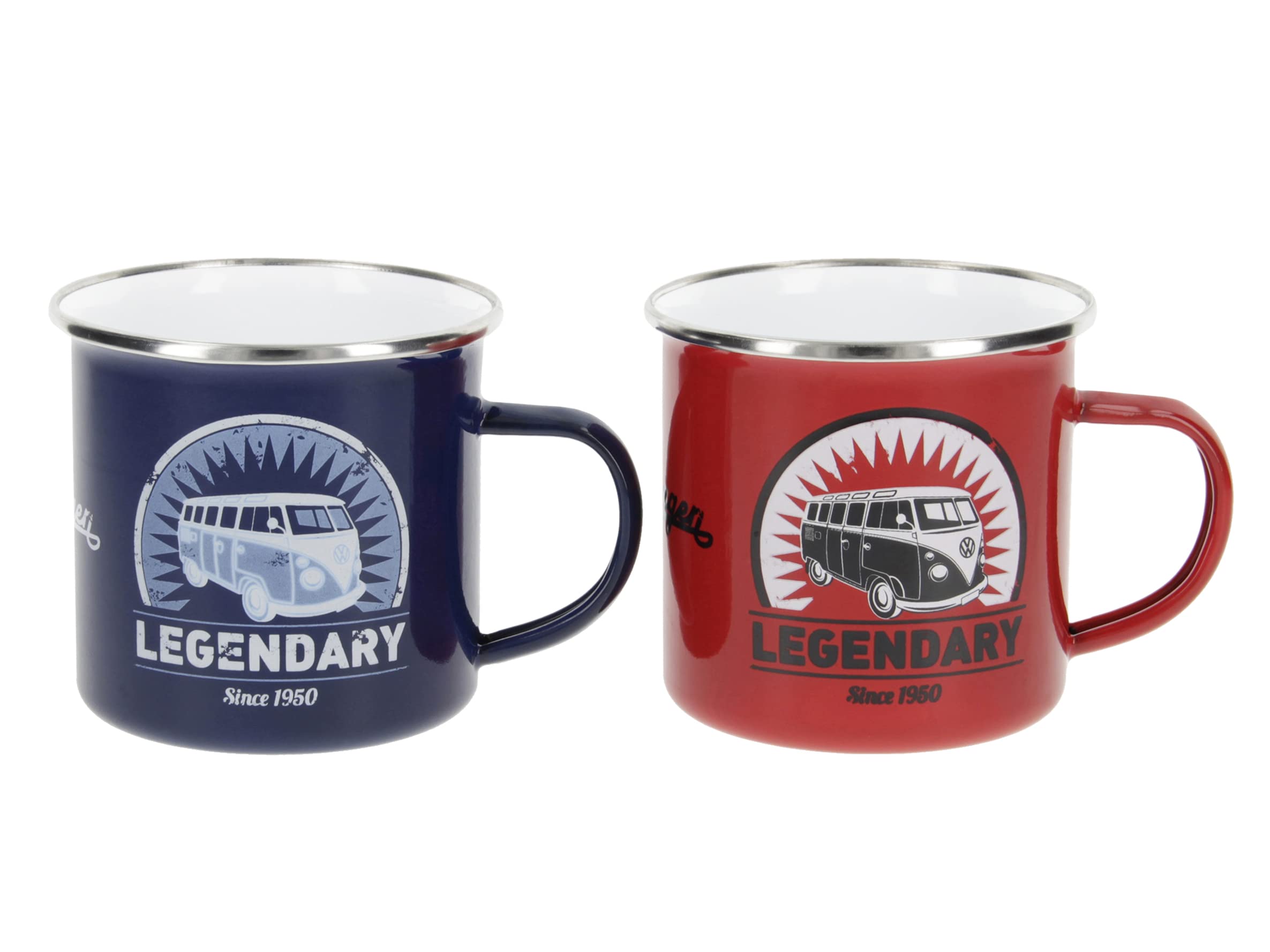Brisa Vw Collection - Volkswagen 2-Piece Enamel Coffeetea Mug Cup Set For Camping & Outdoor T1 Bus (Legendary/Red&Blue) (11.8 Fl