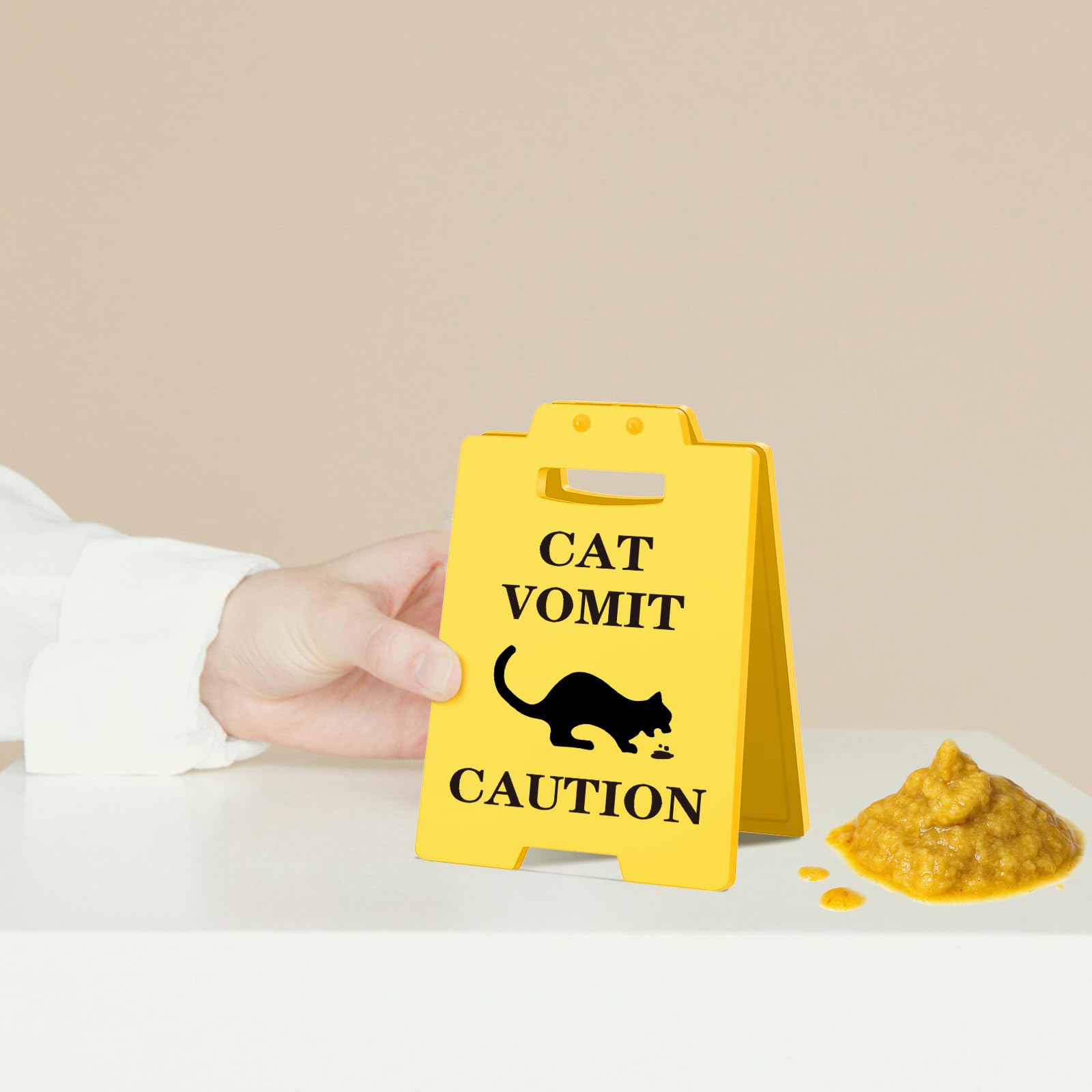 Funny Cat Vomit Caution Signs - 3 Pack Humorous Double-Sided Printing Desk Decor, Ideal Gag Gifts for Pet Owners & Cat Fans, Hil