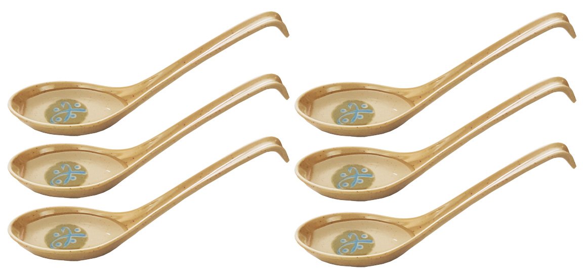 Happy Sales Melamine Soba, Rice Spoons, Asian Chinese Won Ton Soup Spoon, Green Abstract Design, 6 Pack Hook Style