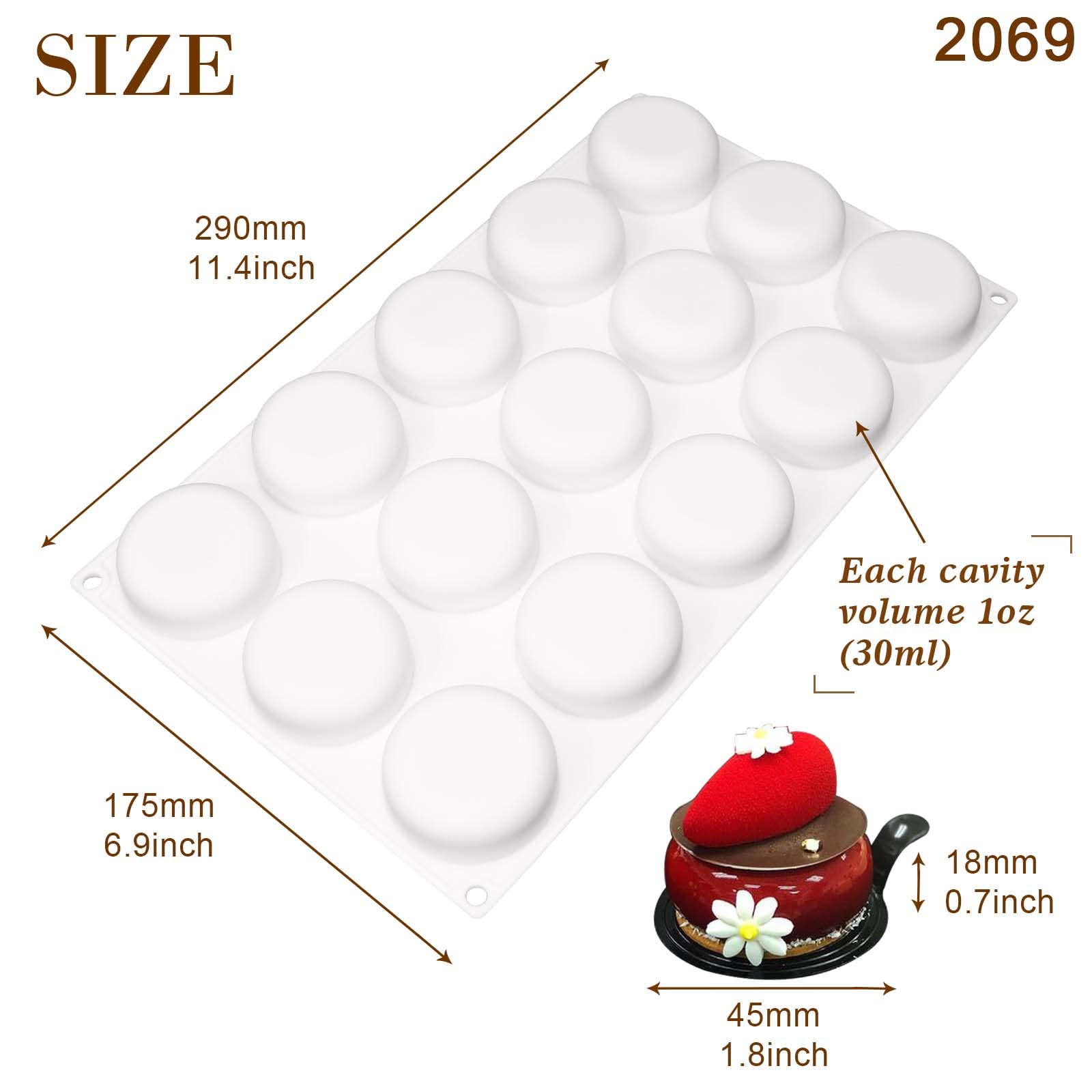 FUNSHOWCASE 15-Cavity Curved Round Silicone Mold Tray, 1.8x1.8x0.7in, Model 2069, Perfect for Baking and Crafting