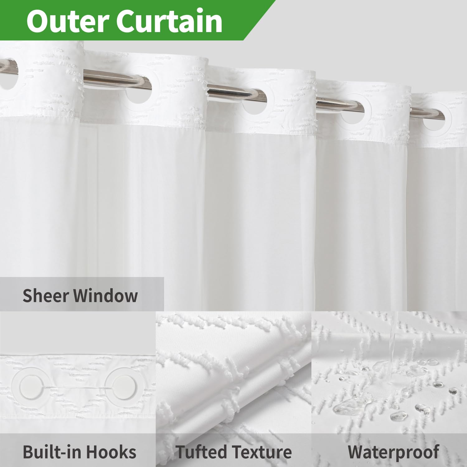 Eachope Long No Hook Tufted Chevron Striped Shower Curtain With Snap-In Fabric Liner Set-71Wx80H(78H),White Hotel Grade Boho Sty