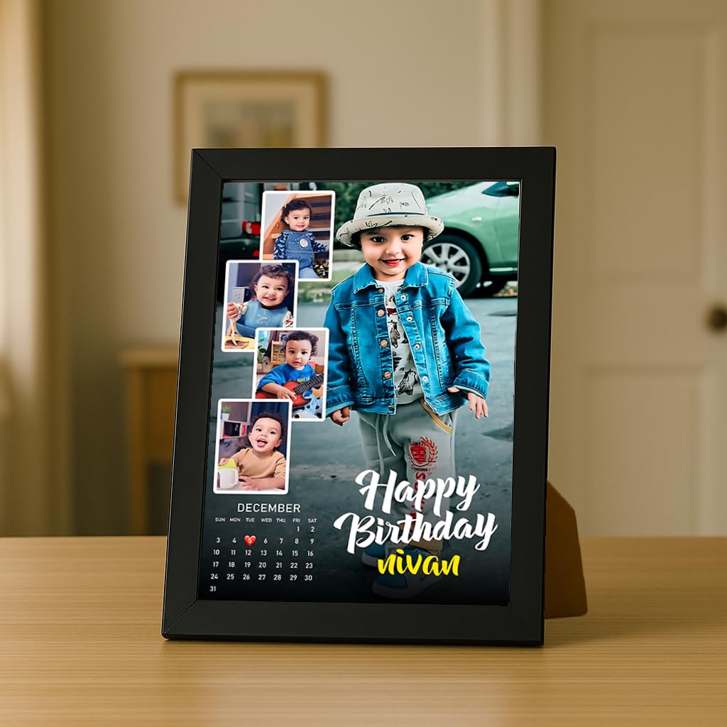 Mk Art Gifts Personalized Birthday Photo Frame With Name With Photo Collage & Calendar - Custom Gift For Birthday Occasion (8X6 