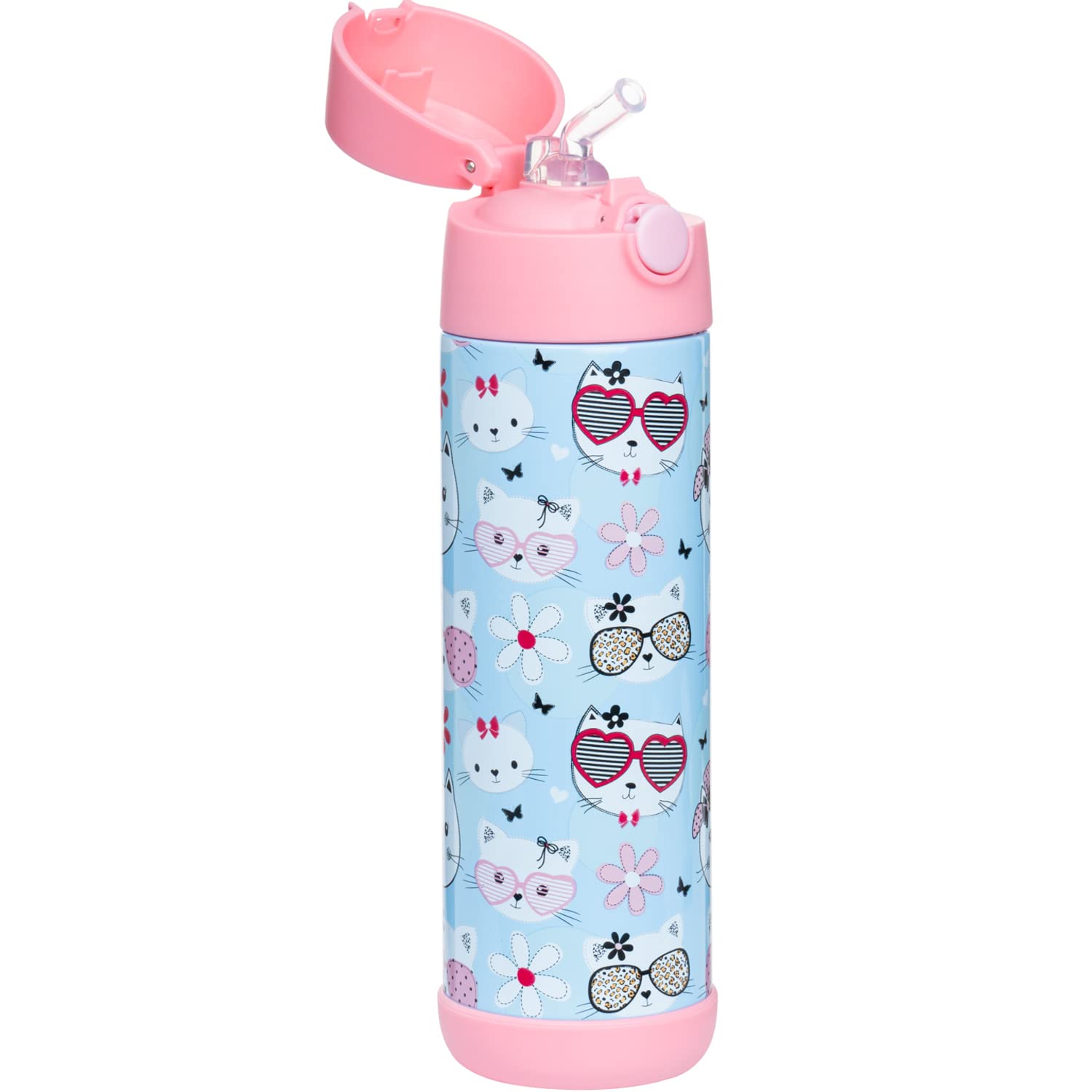 Snug Kids Water Bottle - Insulated Stainless Steel Thermos With Straw (Girlsboys) - Kitty, 17Oz