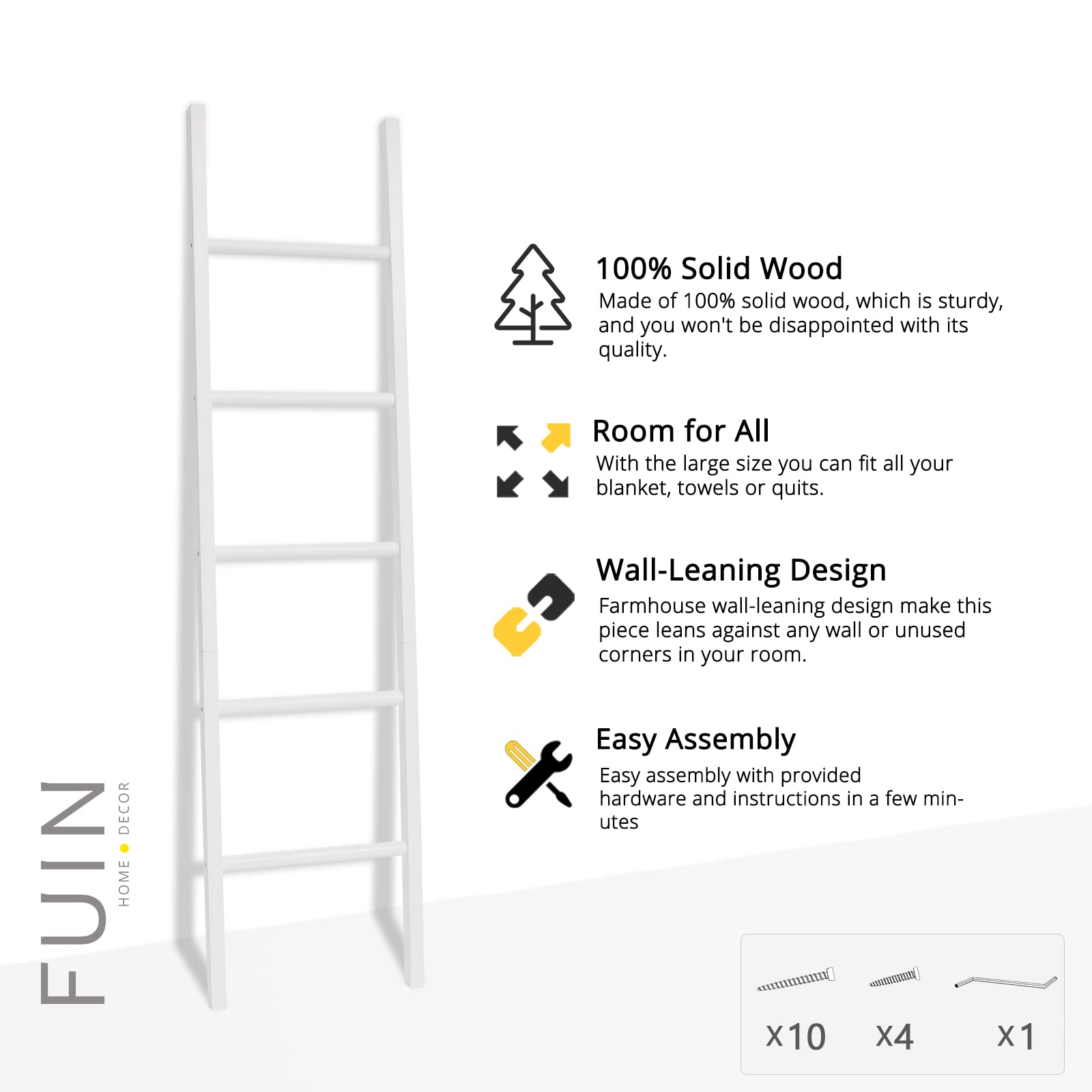 Fuin 6Ft Wooden White Blanket Ladder Living Room Decorative Wall Leaning Farmhouse Quilt Display Holder Rustic Wood Towel Rack F