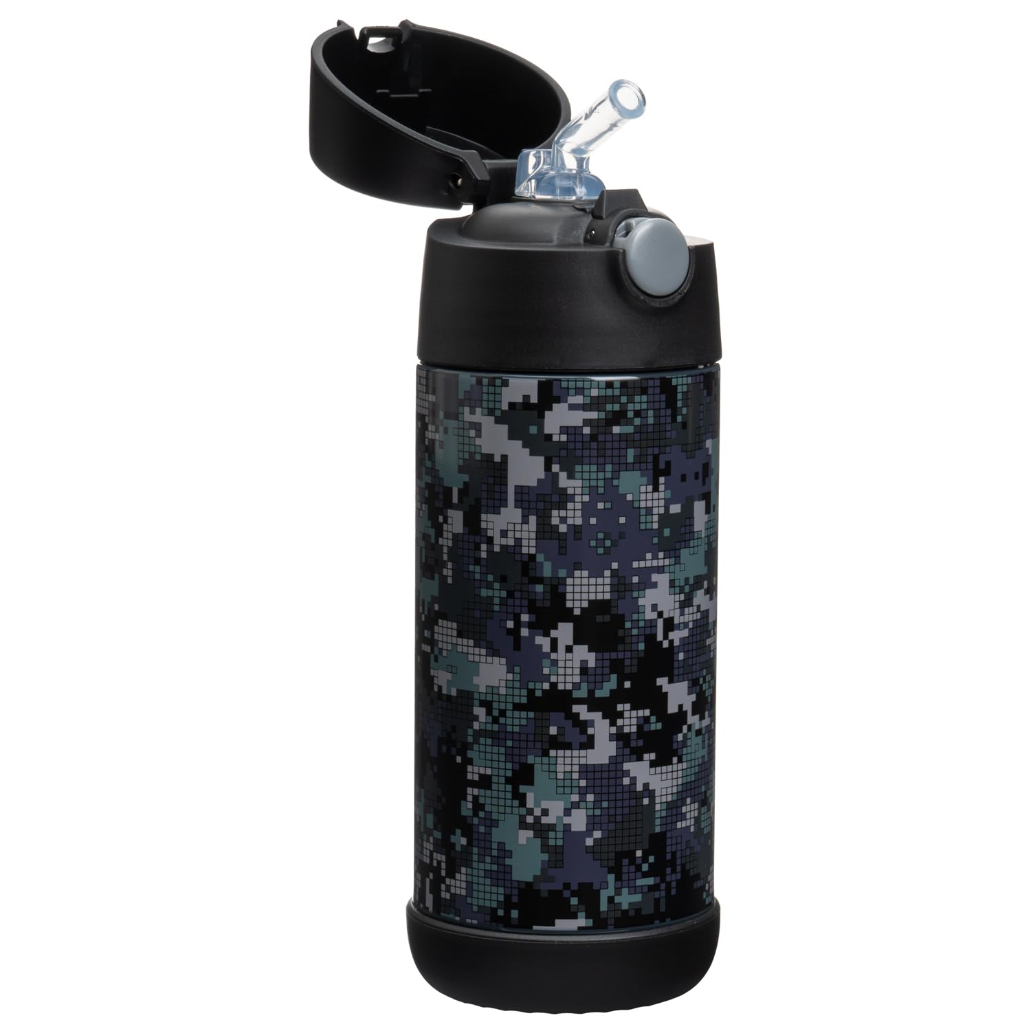 Snug Kids Water Bottle - insulated stainless steel thermos with straw (girlsBoys) - Black Digi camo  12oz