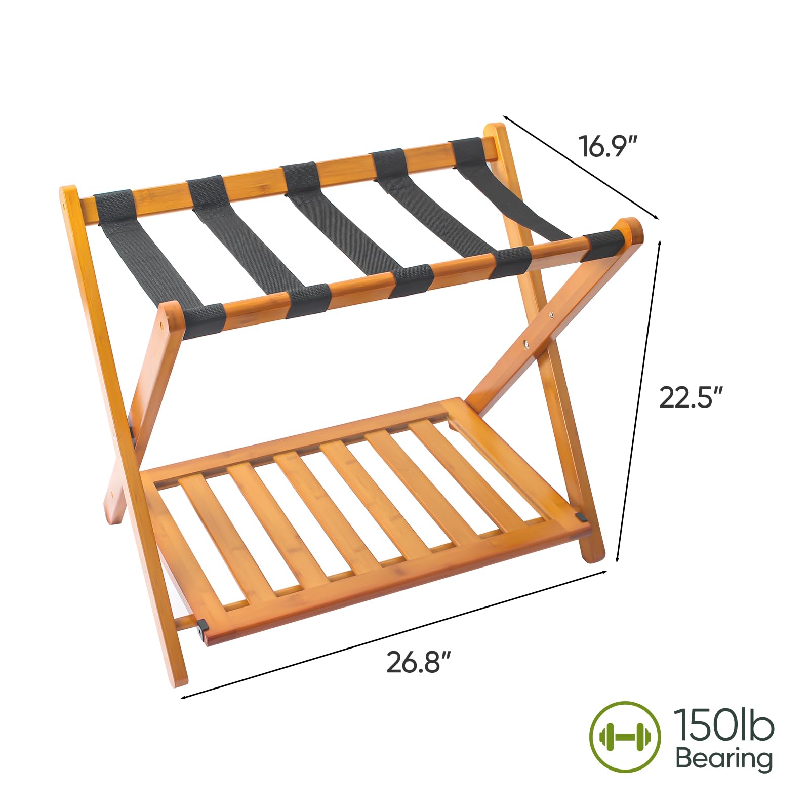 Smart Fendee Fully Assembled Honey Oak Bamboo Luggage Racks, 5 Nylon Straps Foldable Suitcase Stand, Luggage Holders With Shoe S