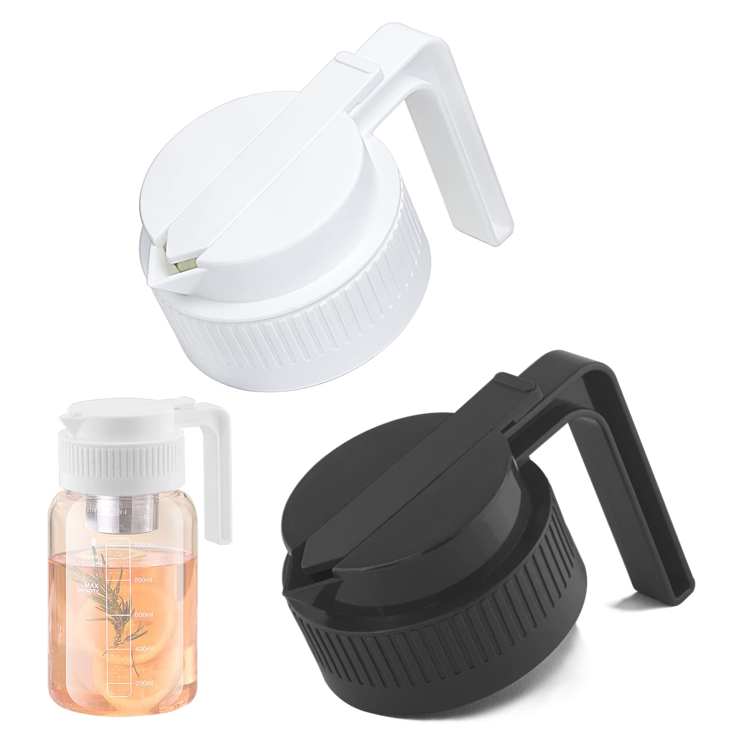 2PCS Wide Mouth Mason Jar Pour Spout Lids with Handle (Black+White)