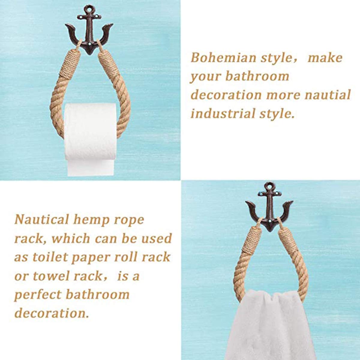 Nautical Rope Toilet Paper Holder Wall-Mounted Towel Ring Nautical Toilet Paper Holder With Metal Hooks Coastal Towel Rack Natur