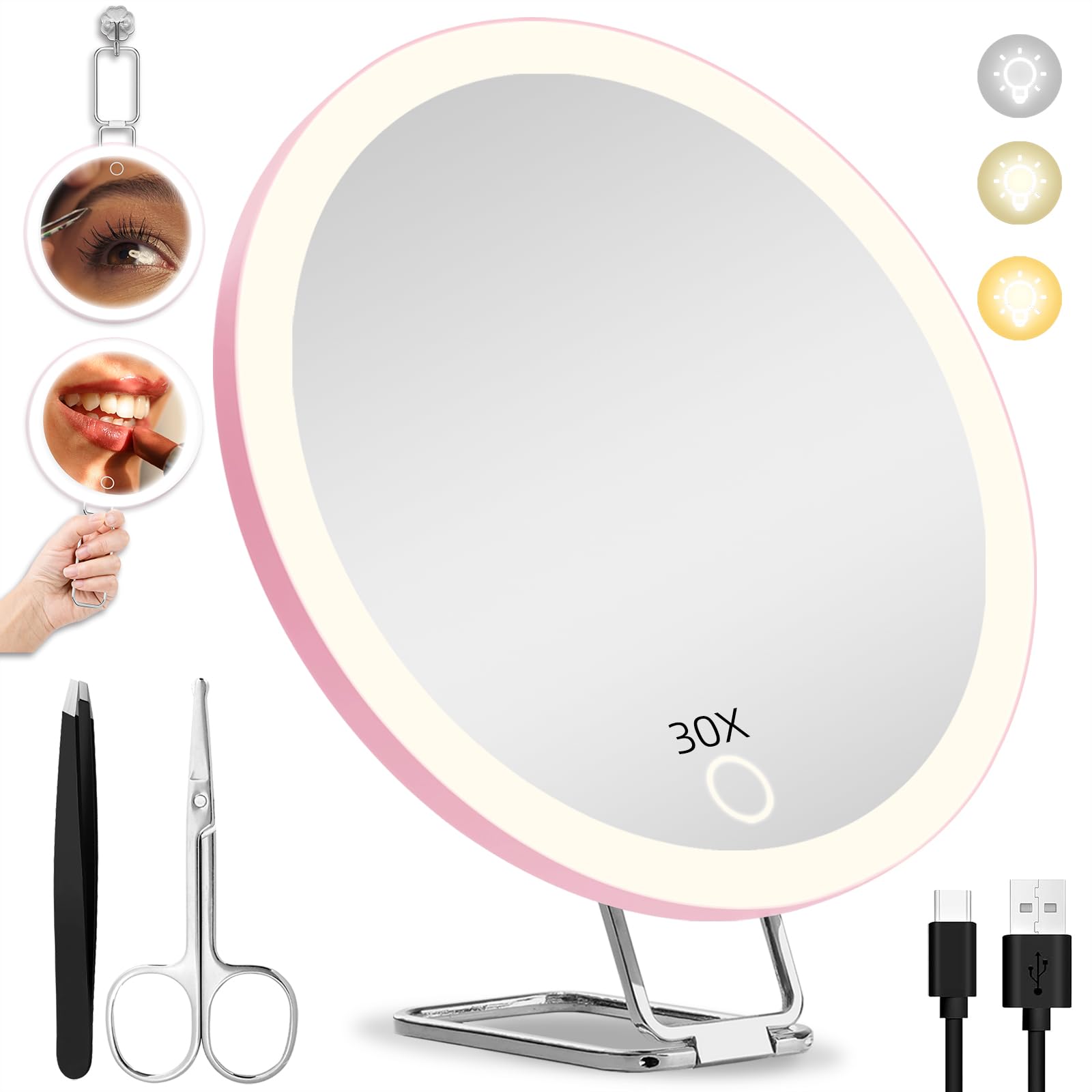 30X Magnifying Mirror With Light, 6'' Makeup Magnifying Mirror, Lighted Makeup Mirror With Magnification 30X Travel Magnifying M