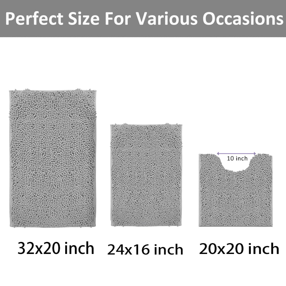 Gray Bathroom Rugs Non Slip 3 Piece Bathroom Rug Set Ultra Soft Bath Rug Absorbent Shaggy Bath Mat Set Perfect Plush Bathroom Mats Sets with U-Shaped Toilet Mat Bathroom Accessories living Rugs