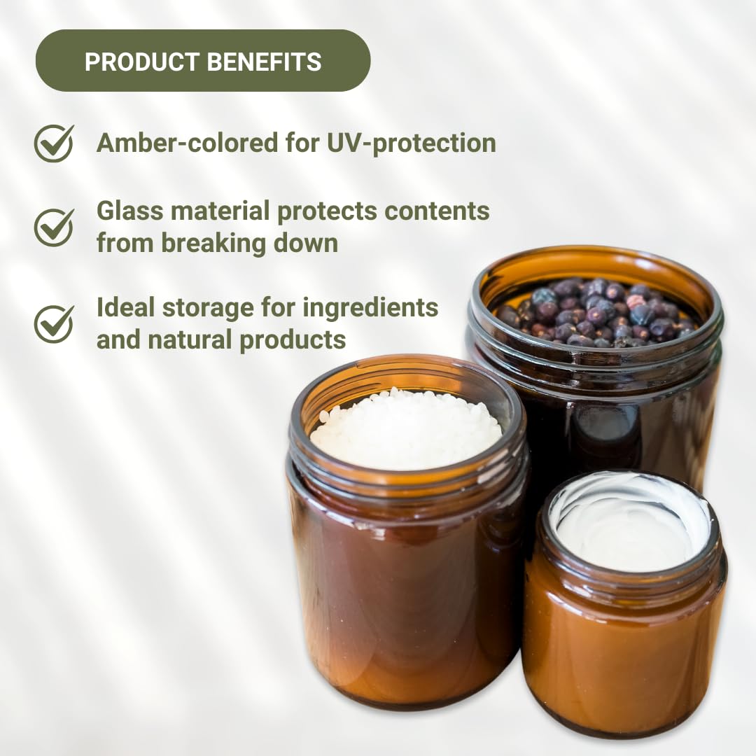 Nature Packaged Glass Amber 16Oz Jar - 12 Packs, Empty Round Jars For Beauty Products, Lotion, And Powders - Black Lid - Small C