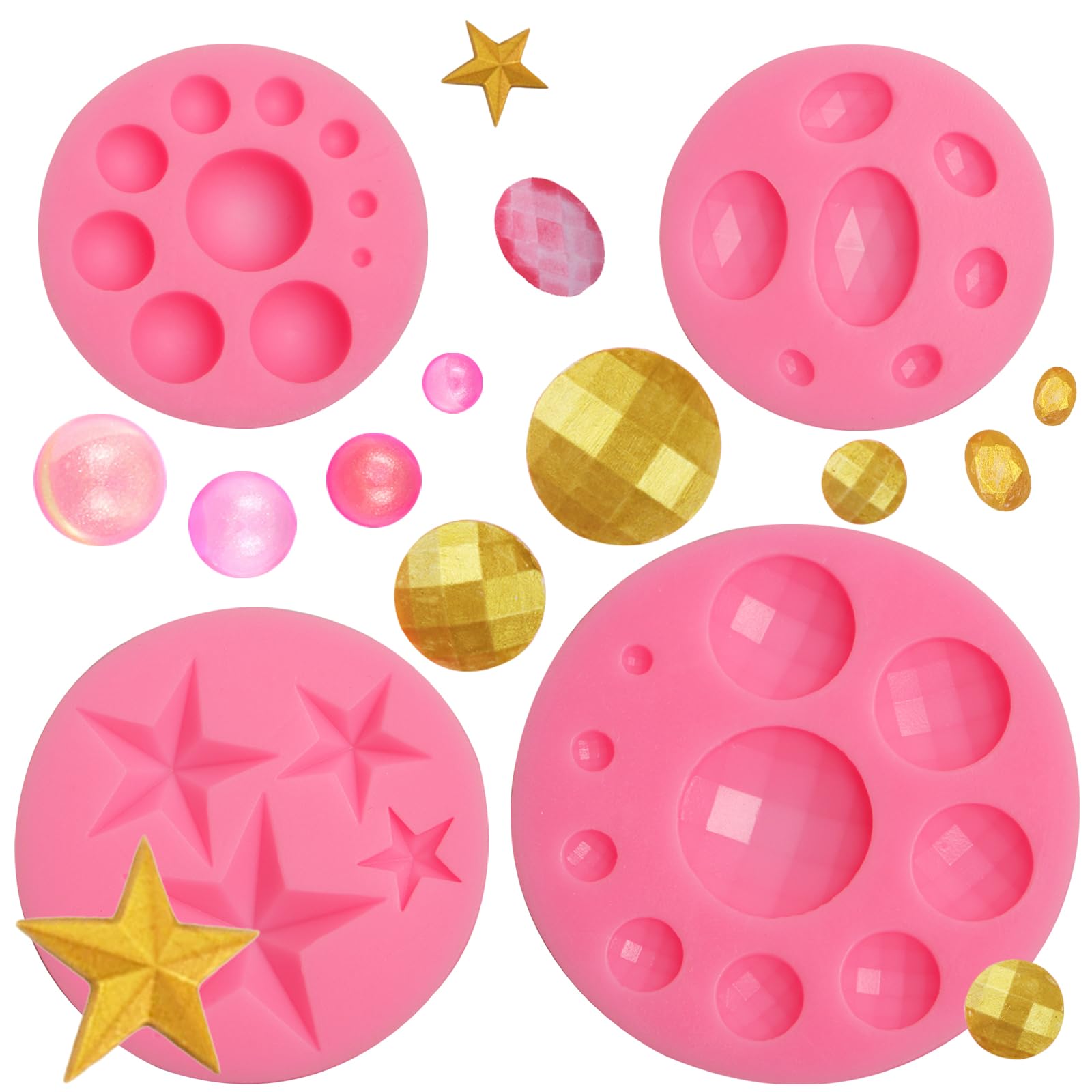 Muyulin Gems Pearl Silicone Fondant Molds, 4 Packs Star Sphere Chocolate Decoration Molds For Cake Decor, Cupcake Circle Toppers