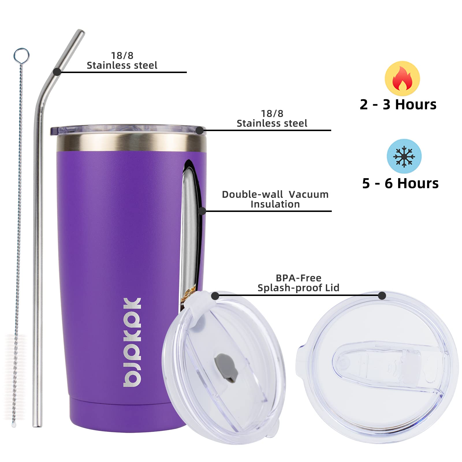 Bjpkpk Purple Insulated Tumbler With Lid And Straw 20 Oz Stainless Steel Tumblers Coffee Thermal Cup