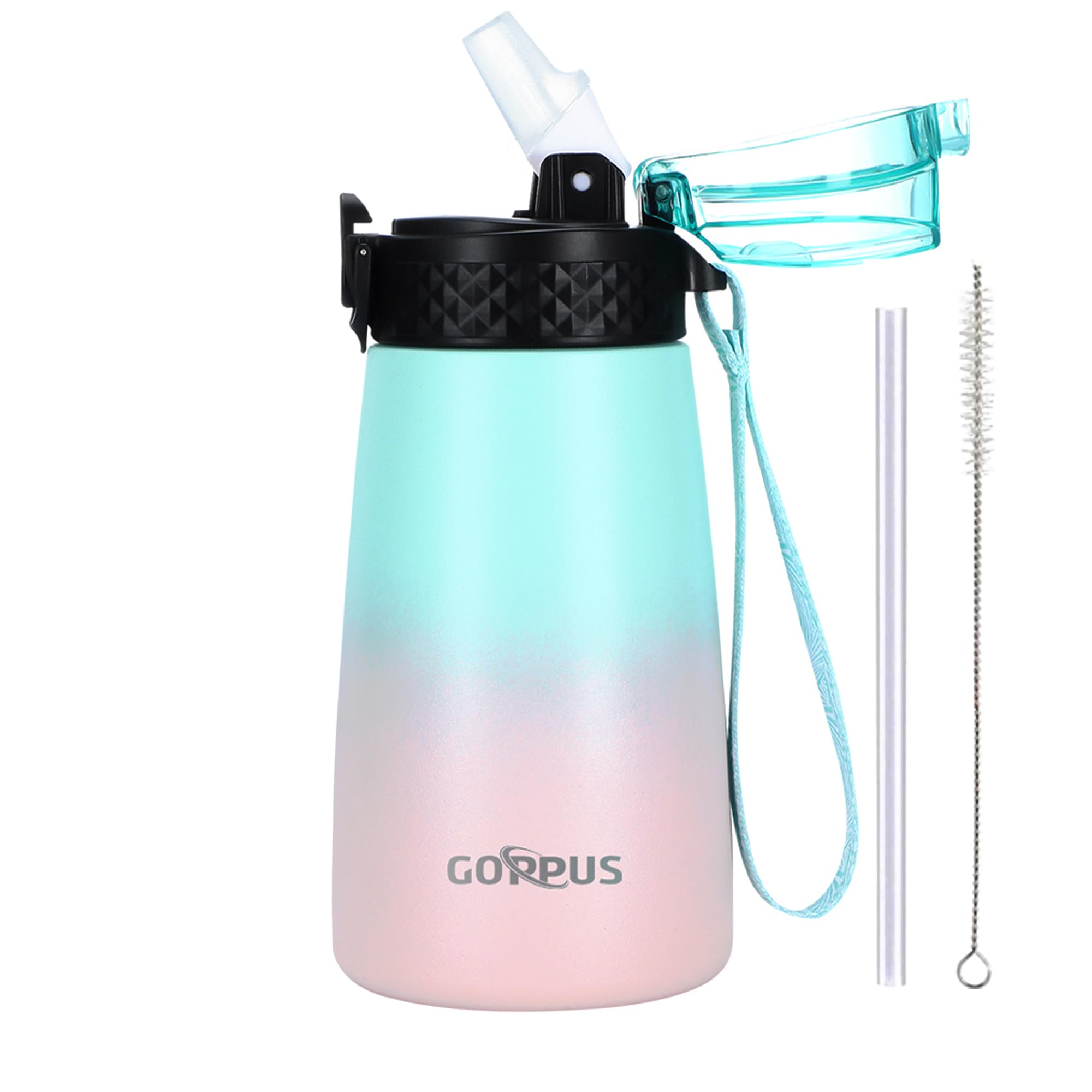 Goppus 12 Oz Kids Water Bottle With Straw Lid & Spout Lid Vacuum Insulated Stainless Steel Cup Double Wall Kids Metal Water Bott