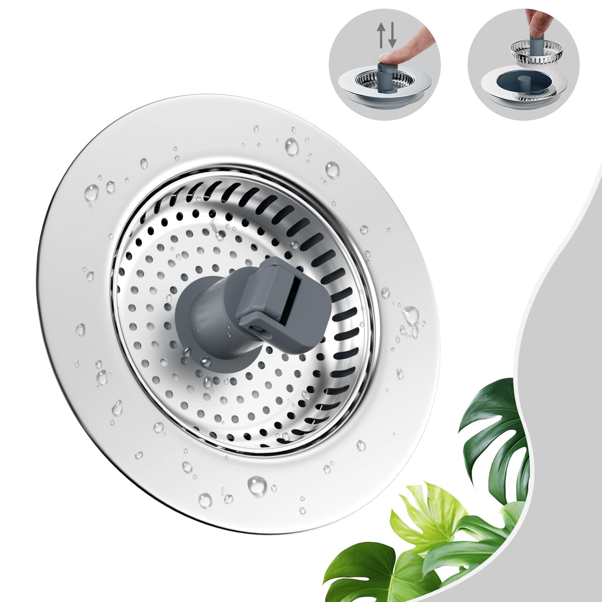 Hibbent Universal 3 In 1 Kitchen Sink Drain Strainer With Sink Stopper, Stainless Steel Wrapped Shell, Sus304 Anti-Clogging Bask