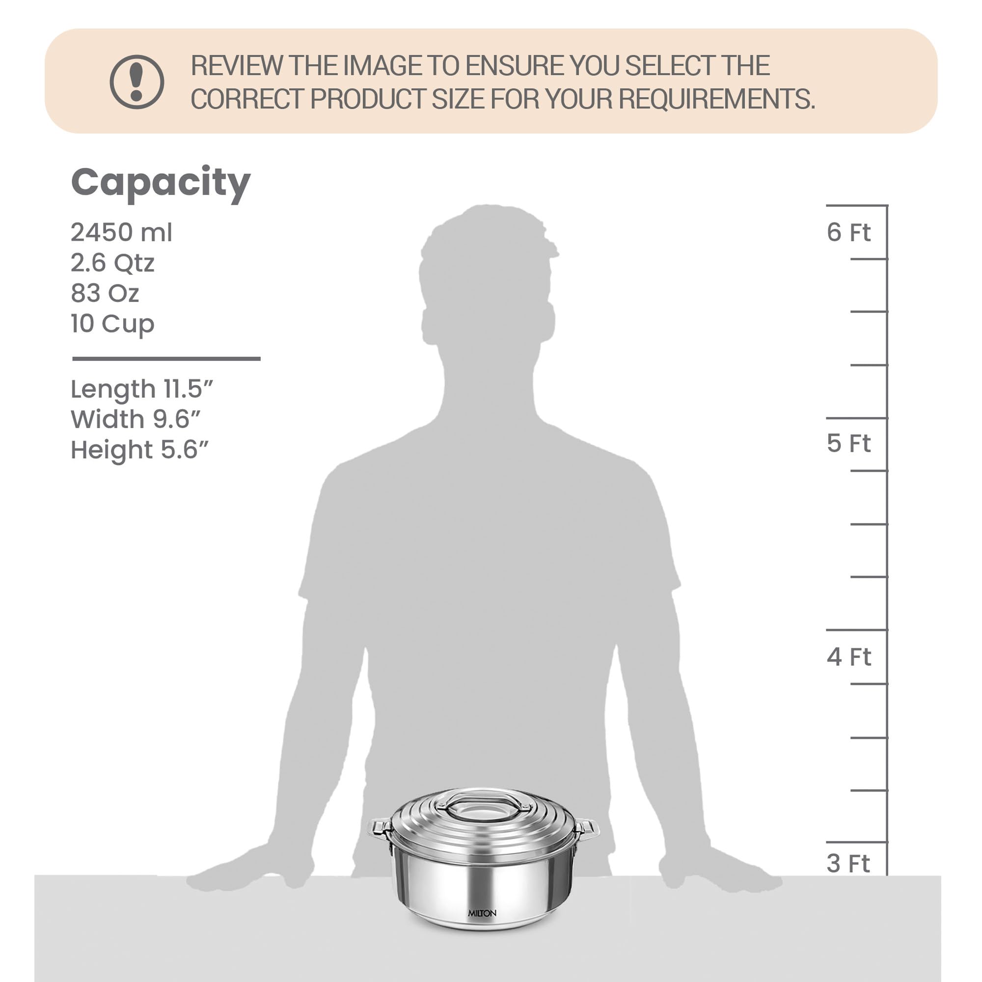Milton Casserole For Hot Food, Insulated Stainless Steel Hot Pot With Lid, 84 Oz (2500 Ml) 2.6 Qt, Serving Box (Bowl, Dish) For