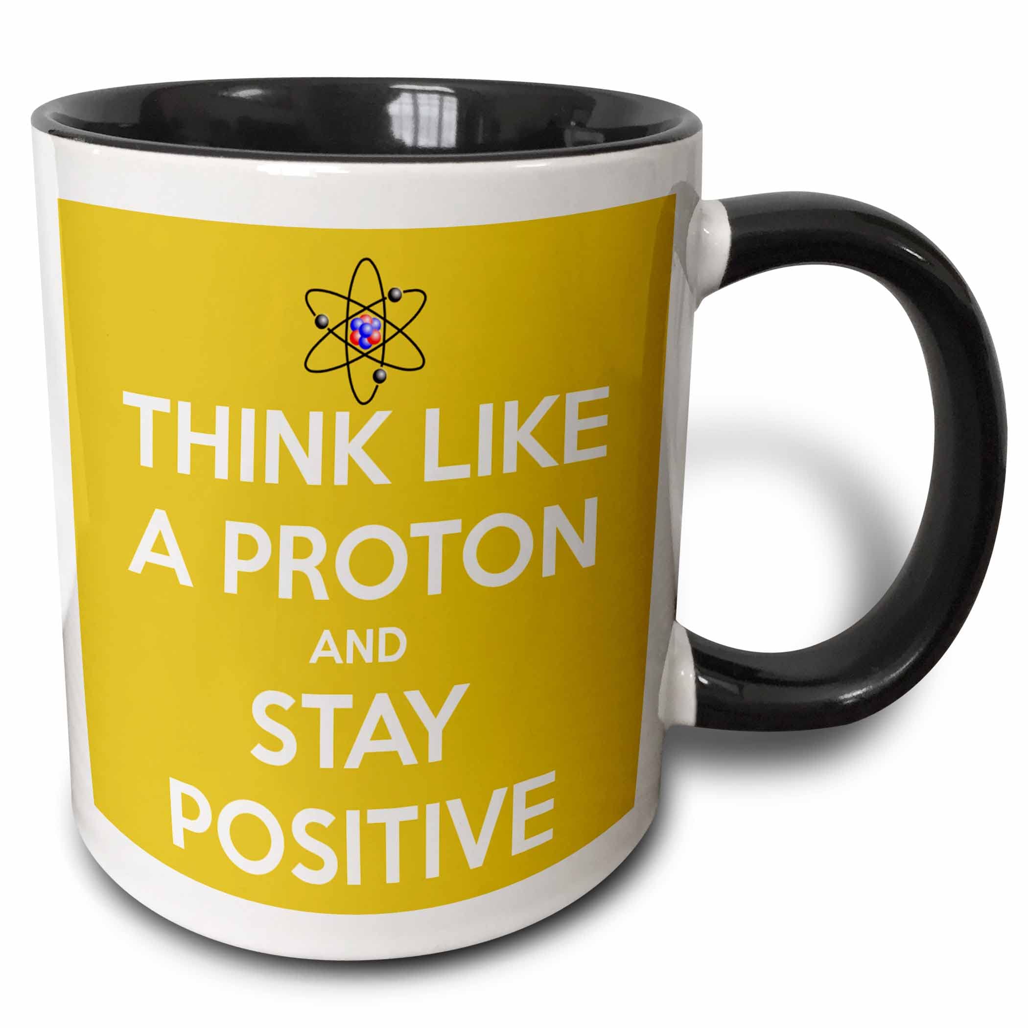 3dRose Think Like A Proton and Stay Positive Yellow Two Tone Mug, 11 oz, Black