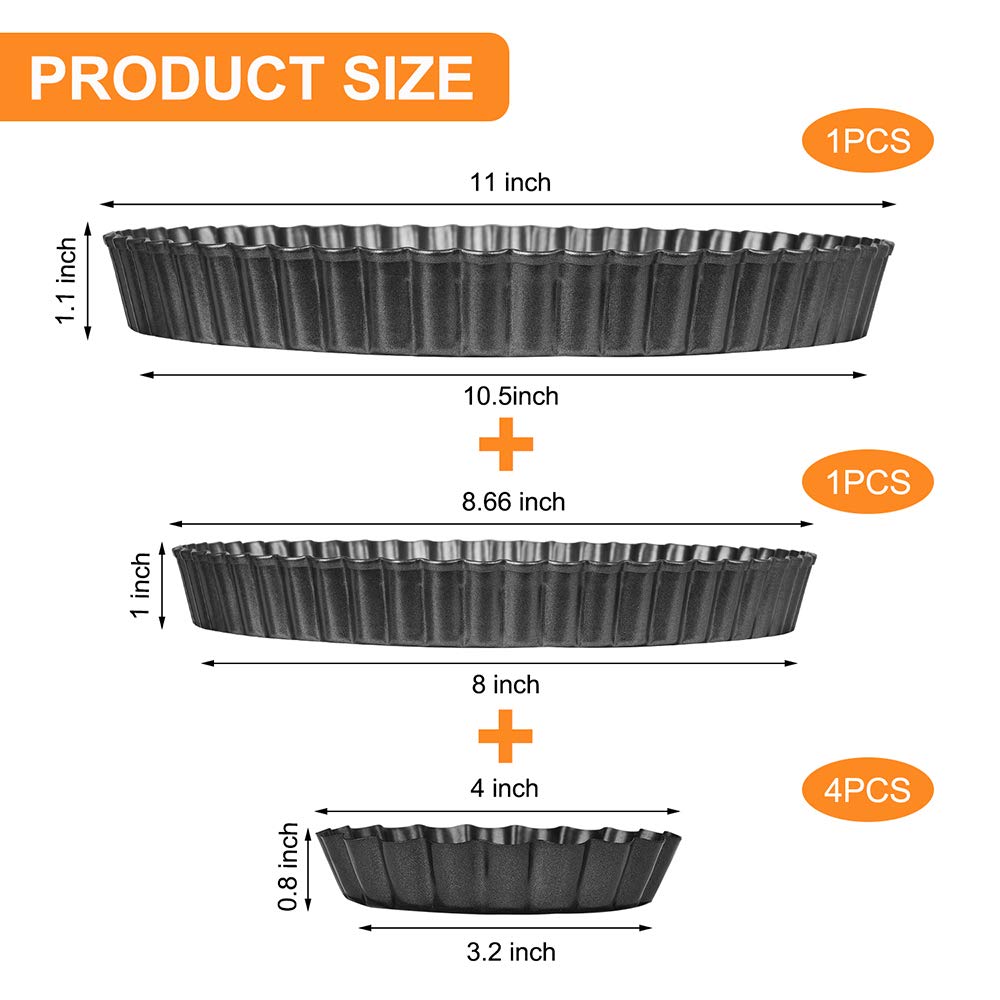 Toraso 11Inch, 9 Inch And 4 Inch Tart Pan With Removable Bottom, 2 Pcs Large Size Quiche Pan And 4 Pcs Small Size Pie Pan, Non-S