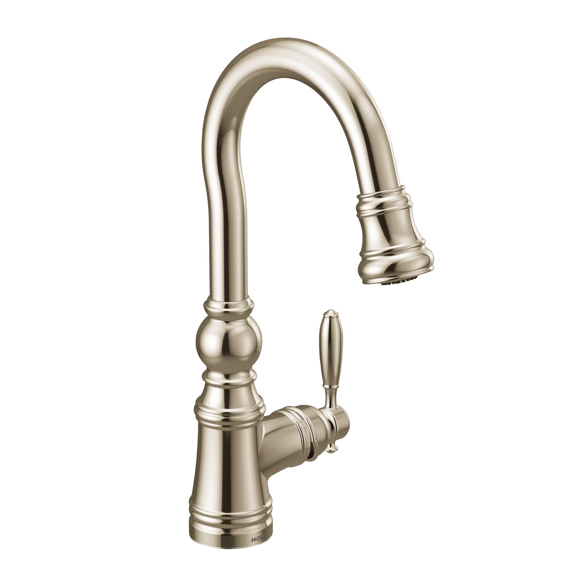 Moen S53004NL Weymouth Shepherds Hook Pulldown Kitchen Bar Faucet Featuring Metal Wand with Power Clean, Polished Nickel