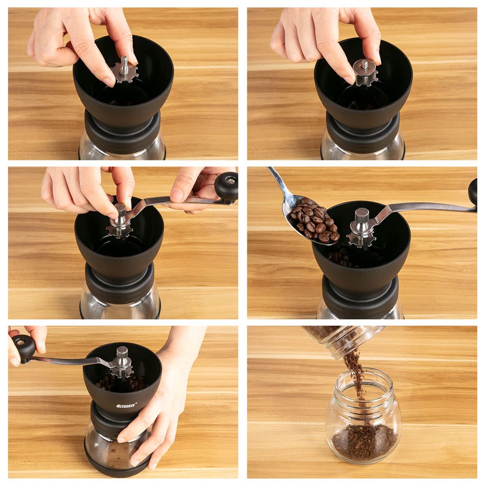 Qiyuexes Manual Coffee Grinder With Burr, Coffee Bean Grinder For Espresso, French Press, Cold Brew, Includes 2 Glass Jars (11Oz