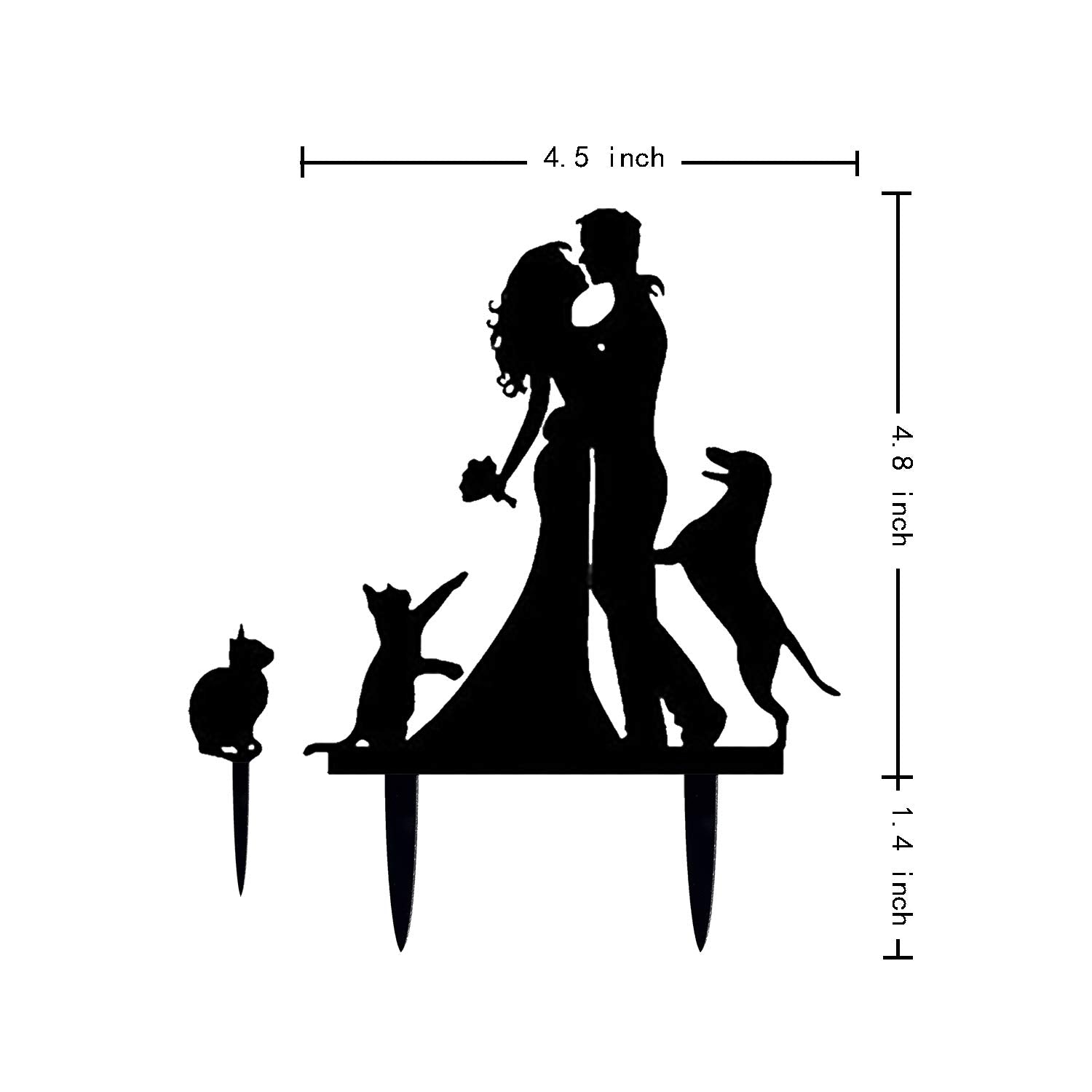 Kissing Bride And Groom With Cat And Dog Silhouette Wedding Acrylic Cake Topper (Black)