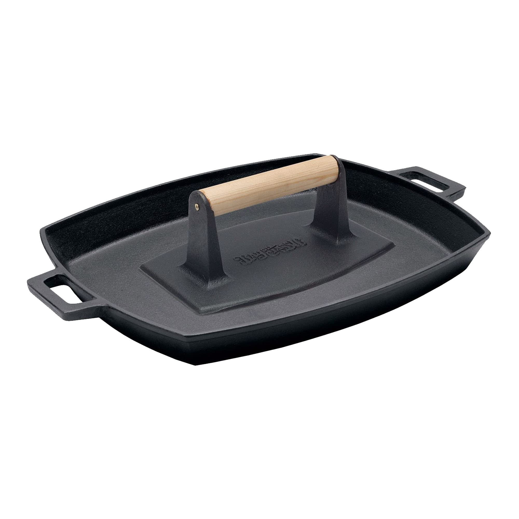Bayou Classic 7455 Cast Iron Shallow Pan and Press Set Includes 14-in x 12-in Cast Iron Pan and Cast Iron Bacon Press w/Wooden H