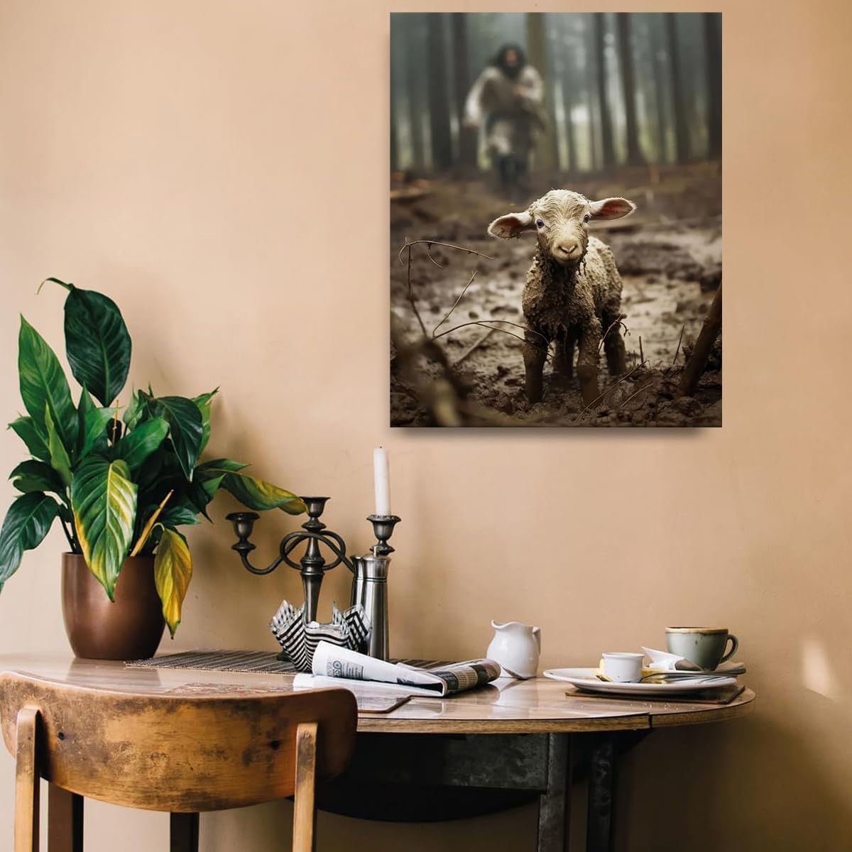 Jesus And Lamb Canvas Wall Art Jesus Running After Lost Lamb Picture Wall Art Canvas Print Christian Home Decor 24X30 Inch