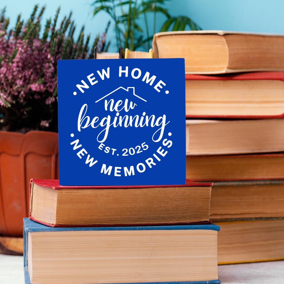 HTBIG Home Sweet Home Sign - Housewarming Gift, Funny New Memories Wooden Box Sign for Living Room Shelf Desk Decoration, 5x5 In