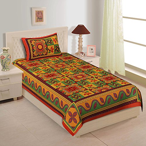 Monik Handicrafts 144 Tc Cotton Comfort Rajasthani Jaipuri Traditional Sanganeri Printed Single Bedsheet With Pillow Cover (Oran