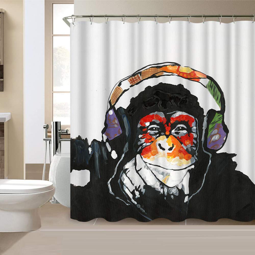 VividHome Monkey Shower Curtains Funny Animal Chimpanzee Portrait with Colorful Headset Waterproof Fabric Bathroom Curtain with Hooks 7272 Inch