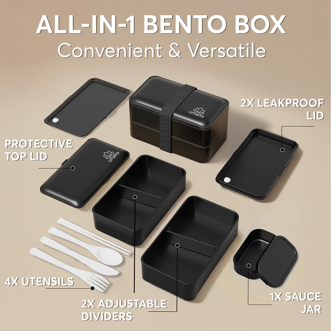 Umami Bento Lunch Box for Adults w/Utensils & Sauce Jars  Great for Meal Prep & Portion Control  Leakproof  Microwave safe & Easy to Clean Premium Lunch Box Containers  Perfect On-the-go Bento Box